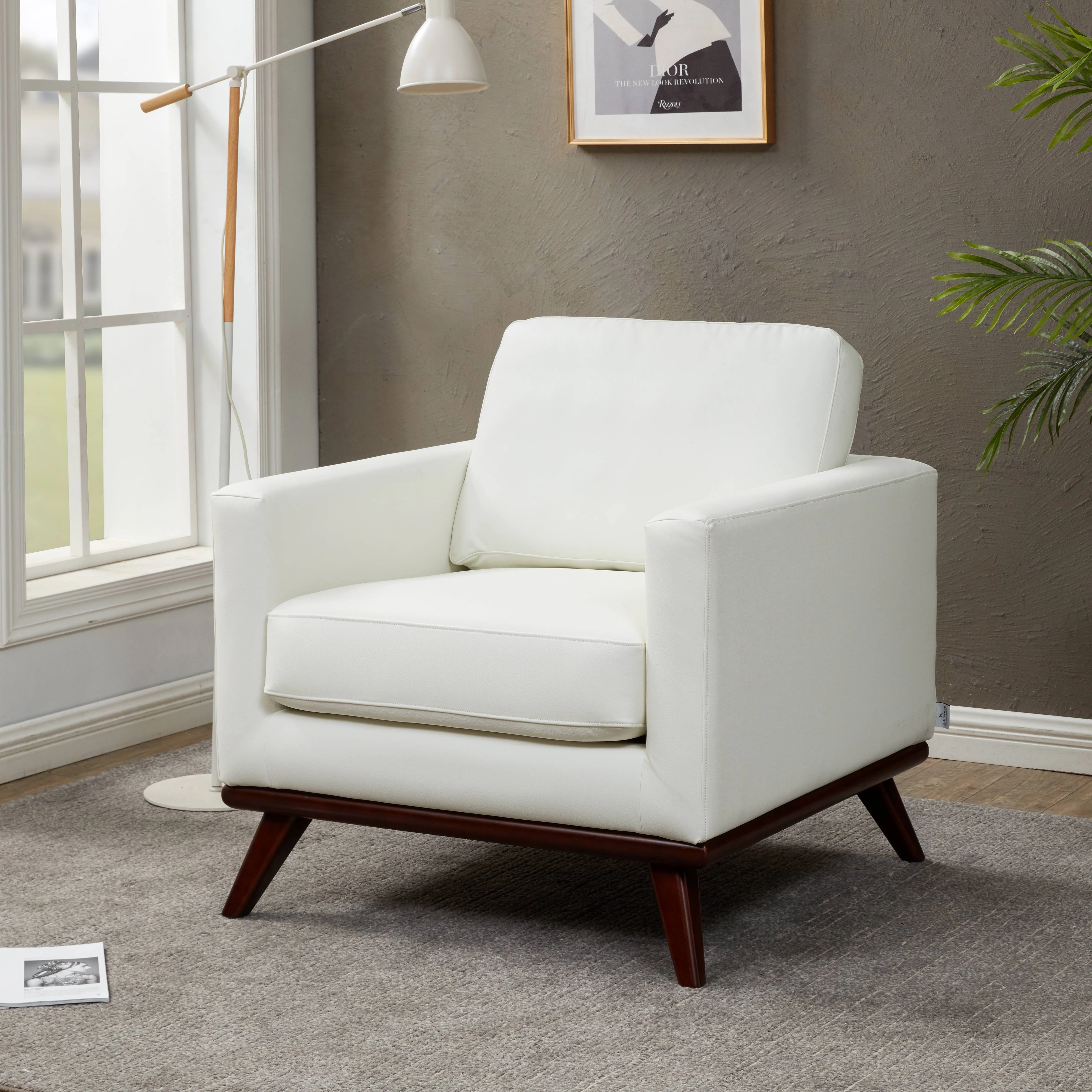 Chester Modern Leather Accent Arm Chair With Birch Wood Base