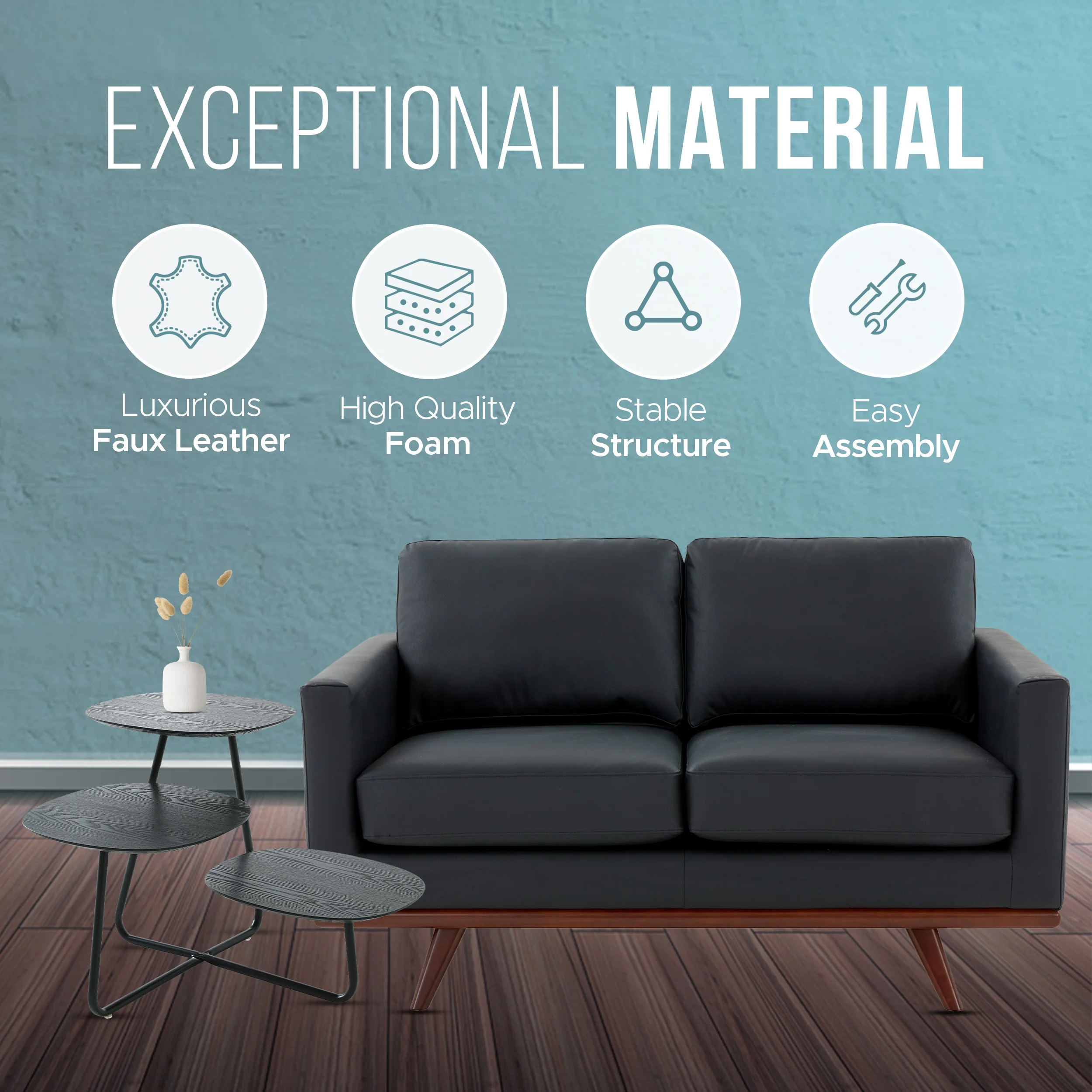 Chester Modern Leather Loveseat With Birch Wood Base