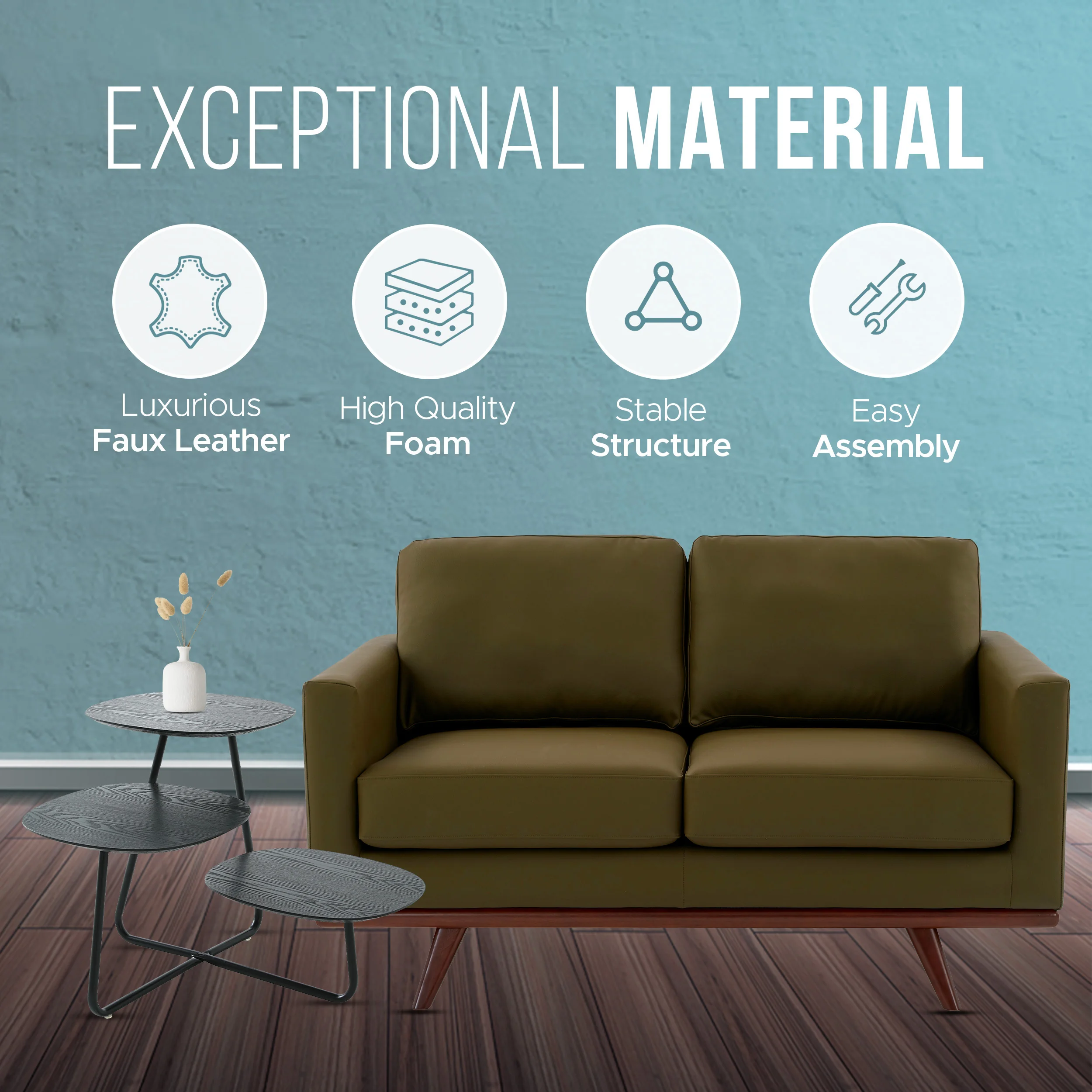 Chester Modern Faux Leather Loveseat Chair in Green Leather