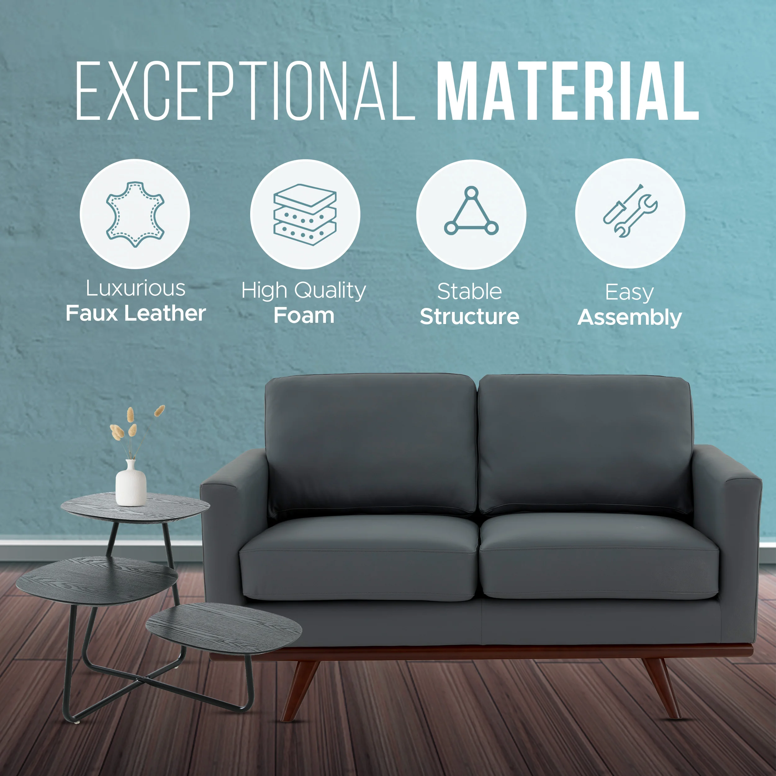 Chester Modern Leather Loveseat With Birch Wood Base