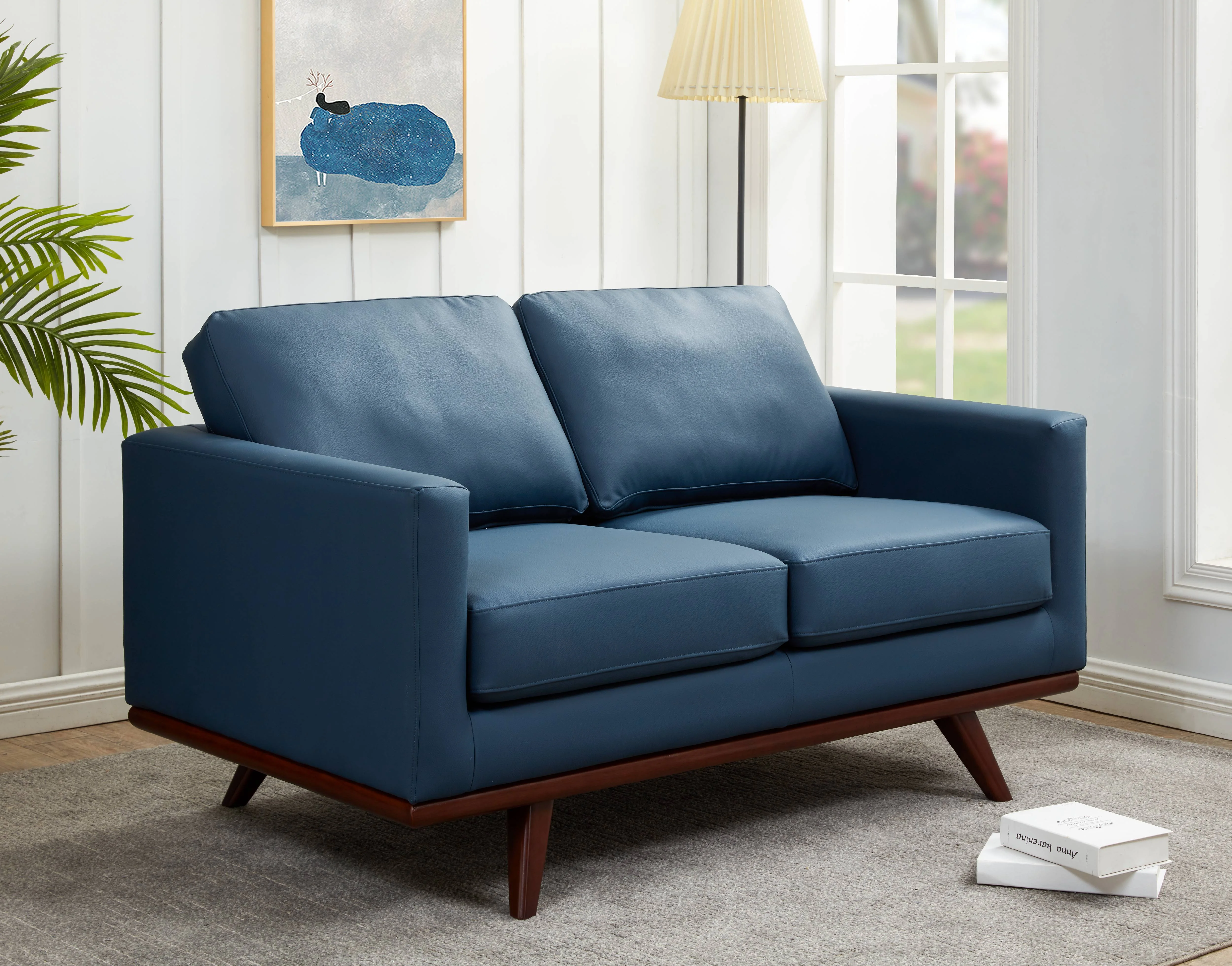 Chester Modern Leather Loveseat With Birch Wood Base
