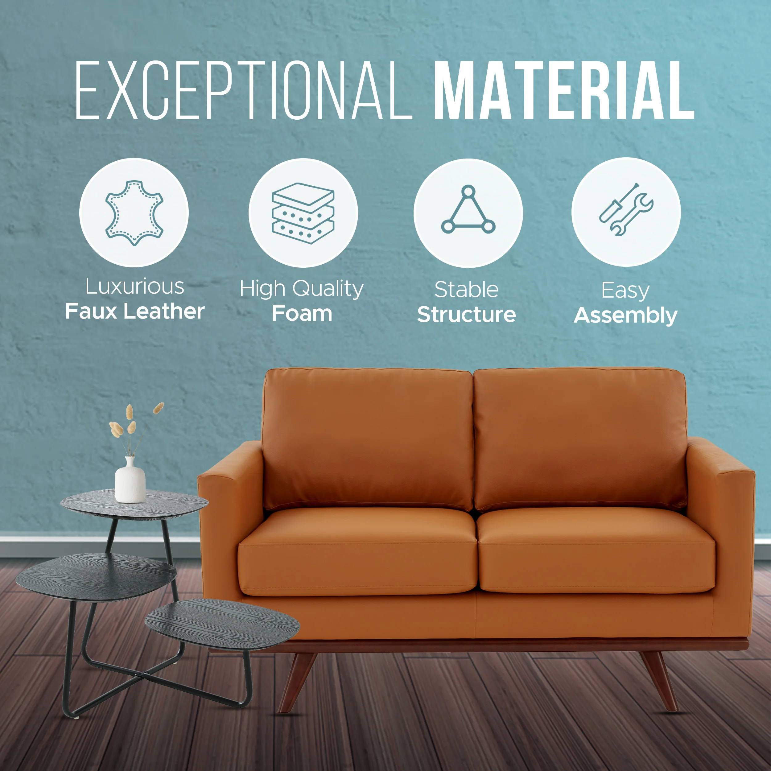 Chester Modern Leather Loveseat With Birch Wood Base