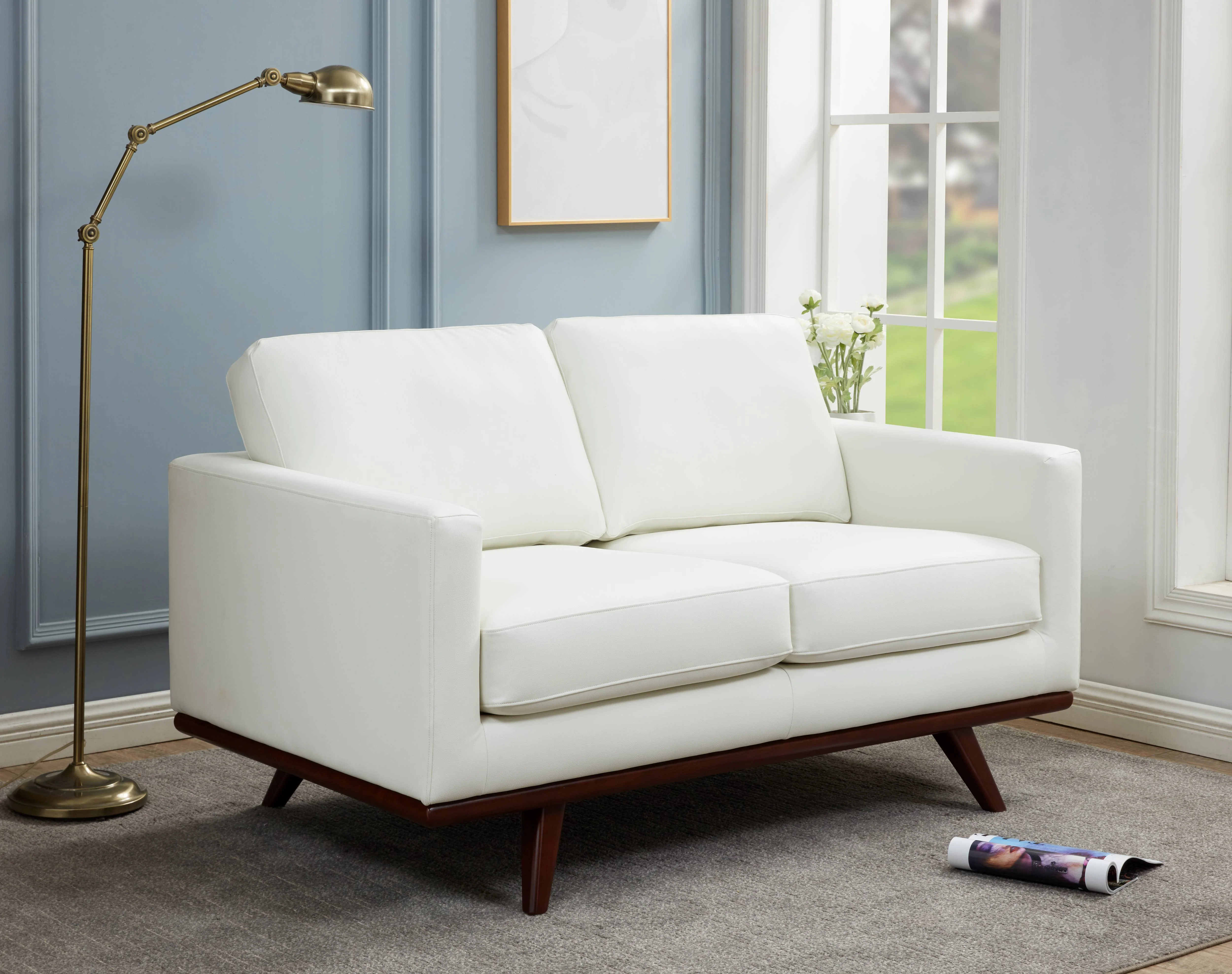 Chester Modern Leather Loveseat With Birch Wood Base