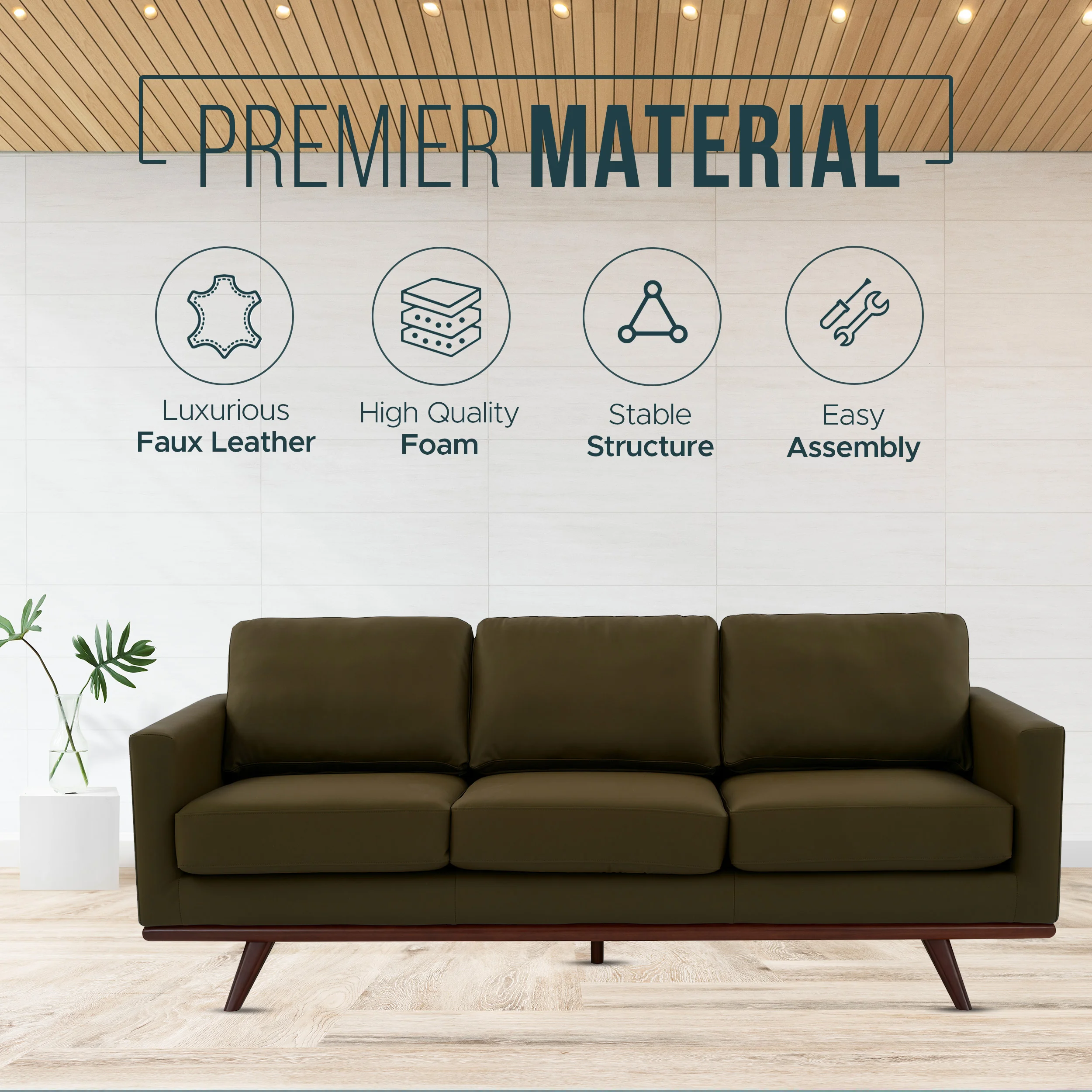 Chester Modern Faux Leather Sofa in Green Leather