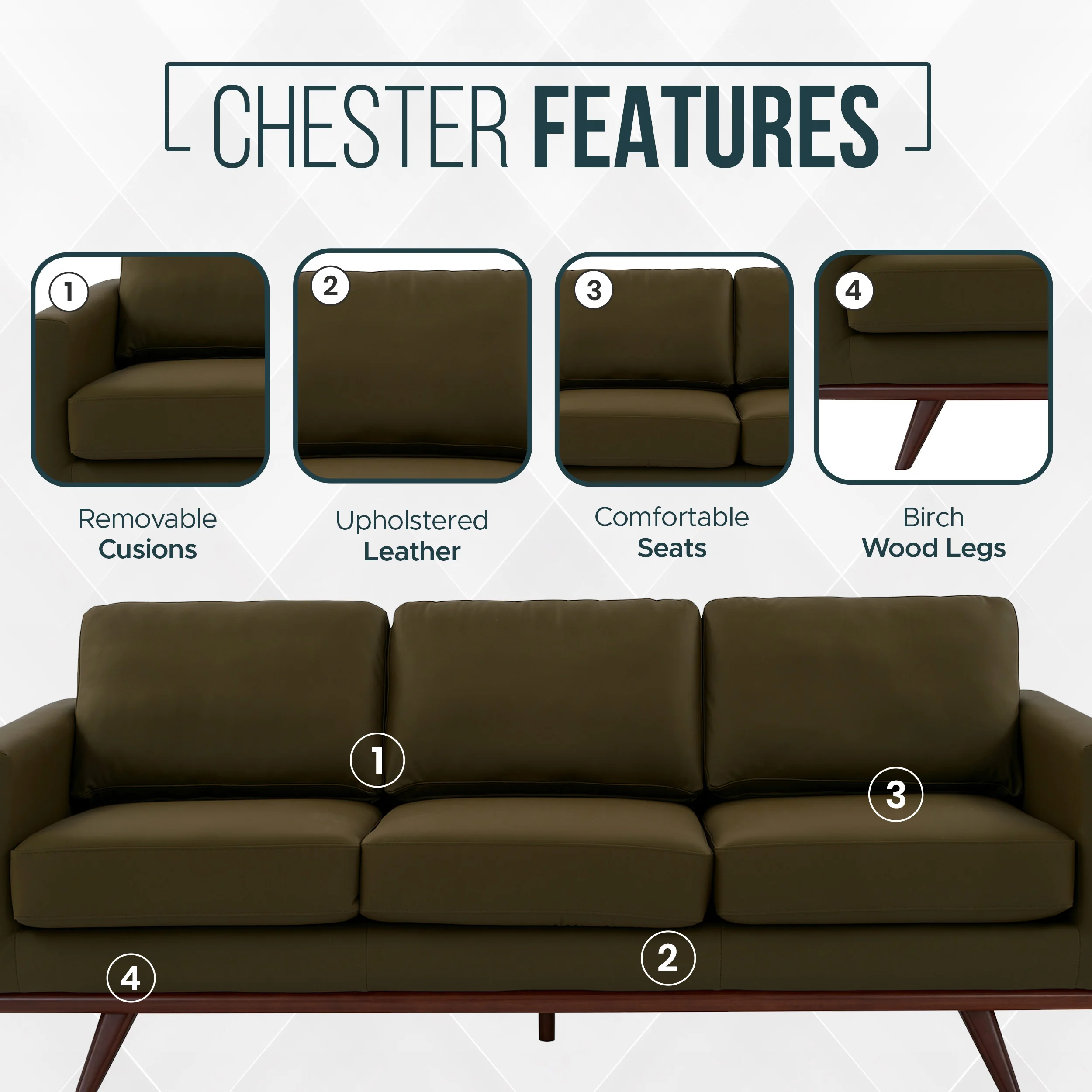 Chester Modern Faux Leather Sofa in Green Leather