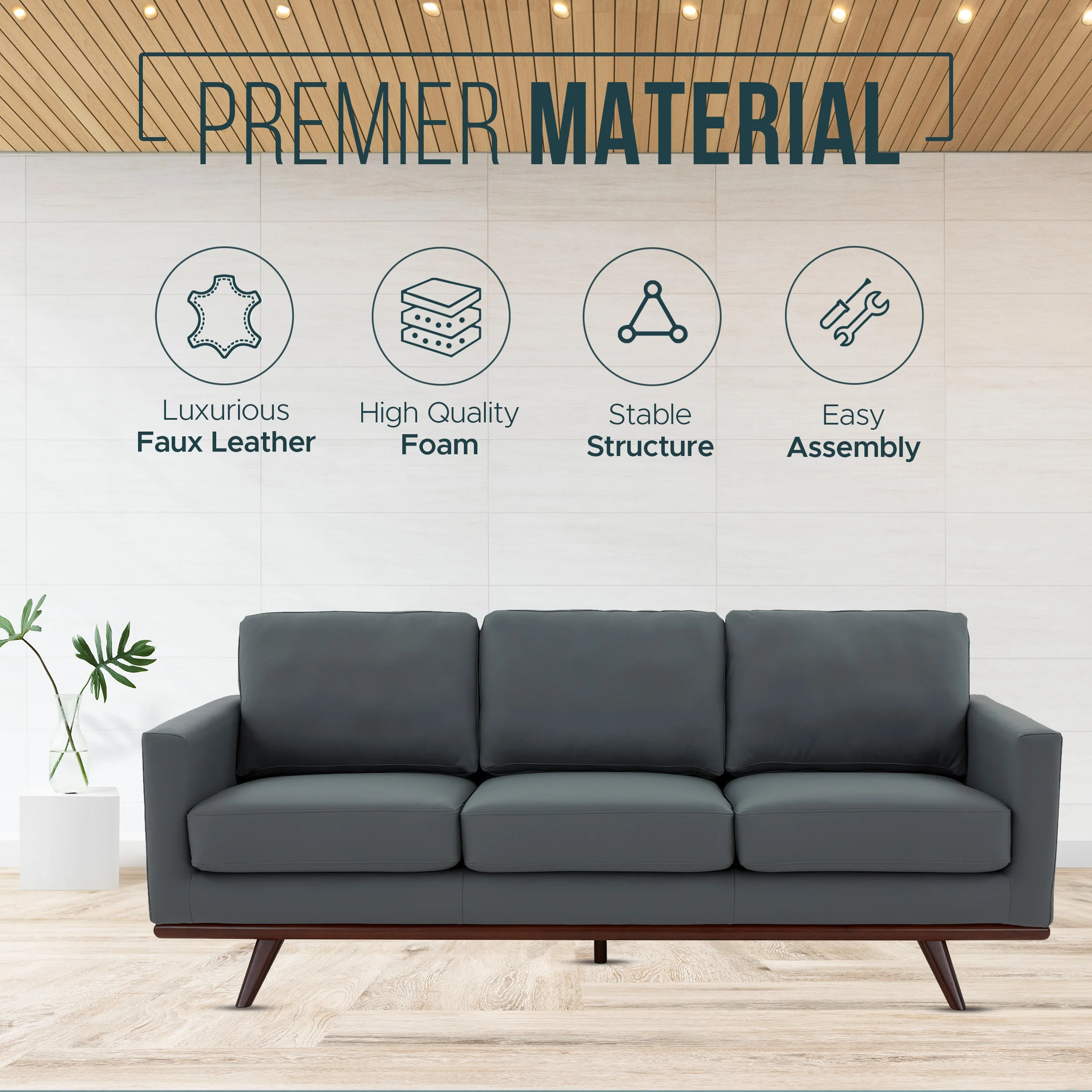 Chester Modern Leather Sofa With Birch Wood Base