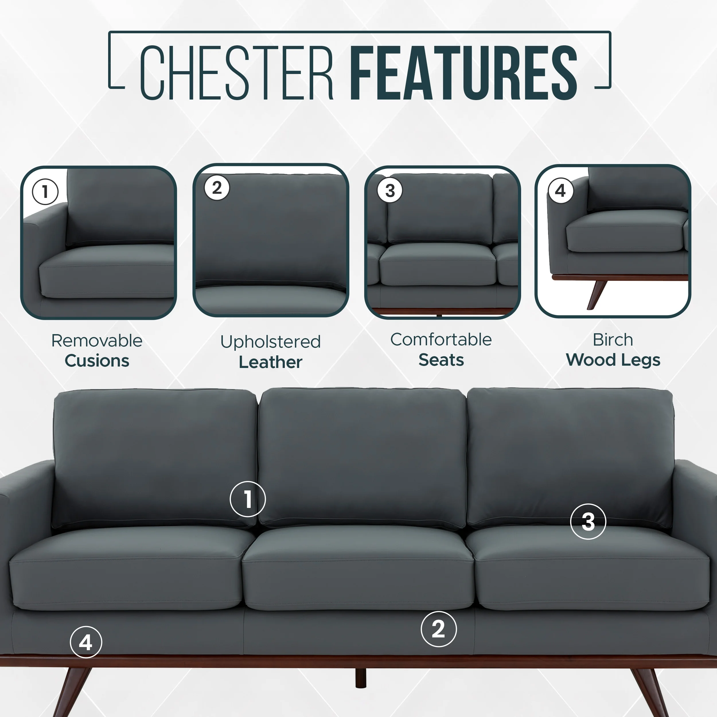 Chester Modern Leather Sofa With Birch Wood Base