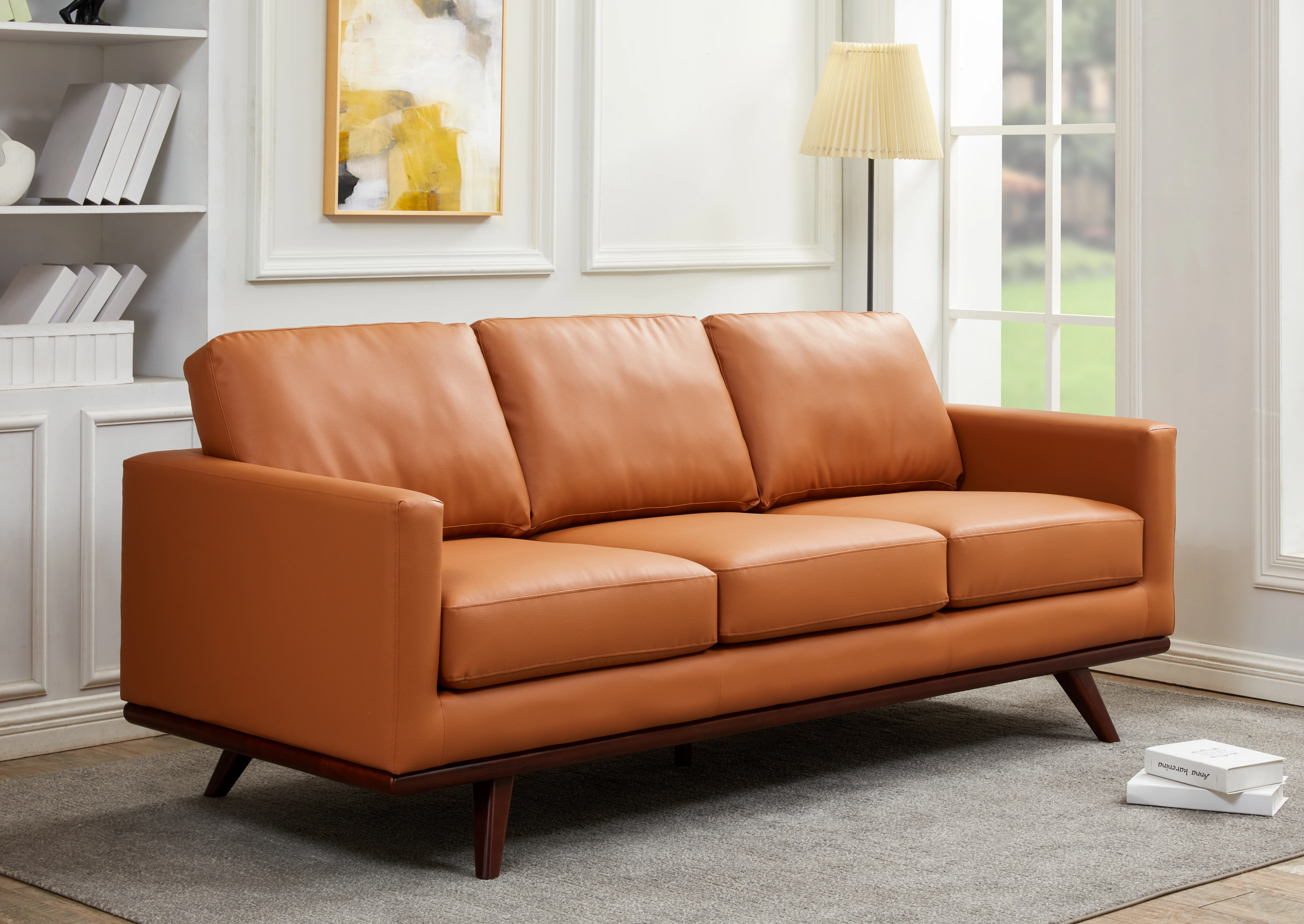 Chester Modern Leather Sofa With Birch Wood Base