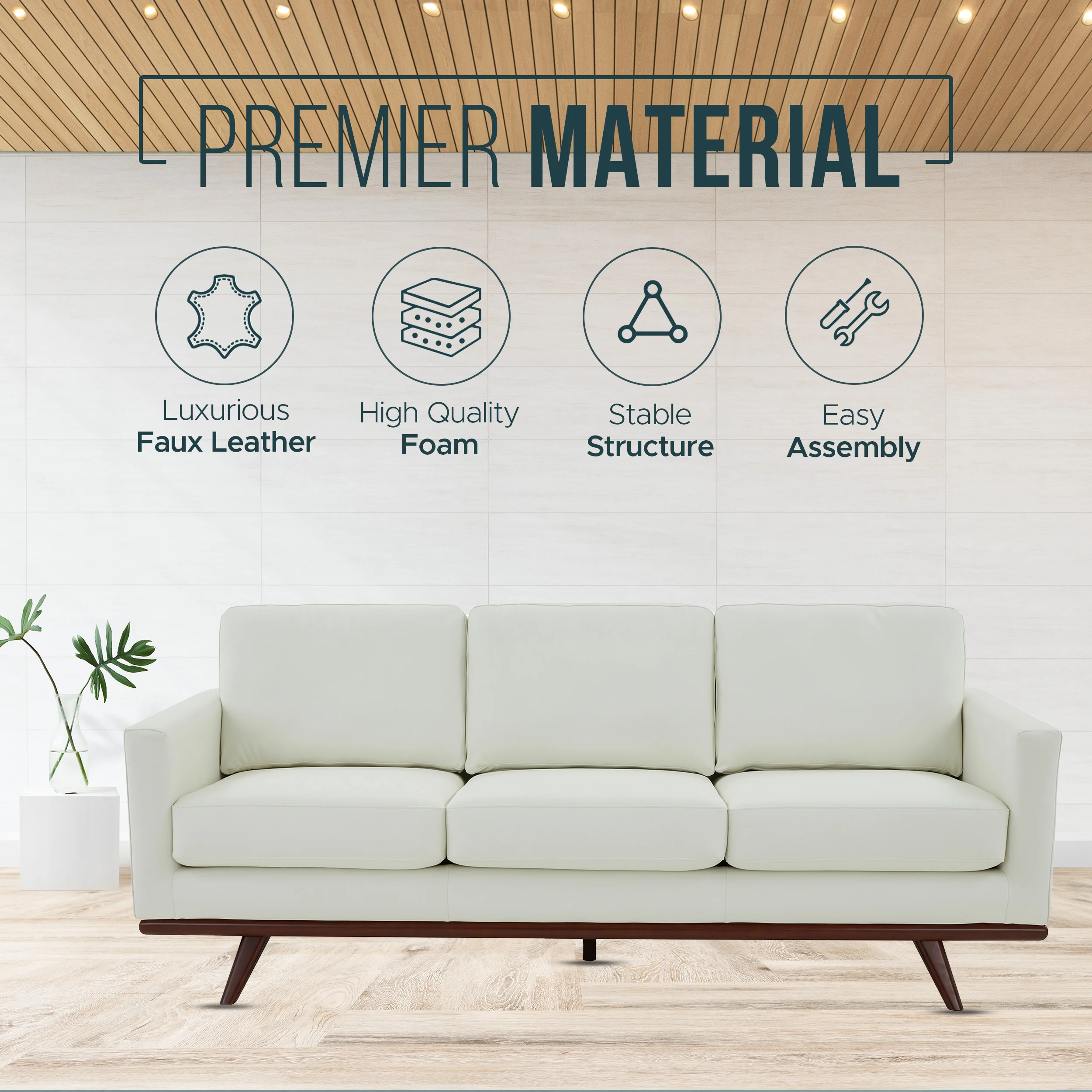 Chester Modern Leather Sofa With Birch Wood Base