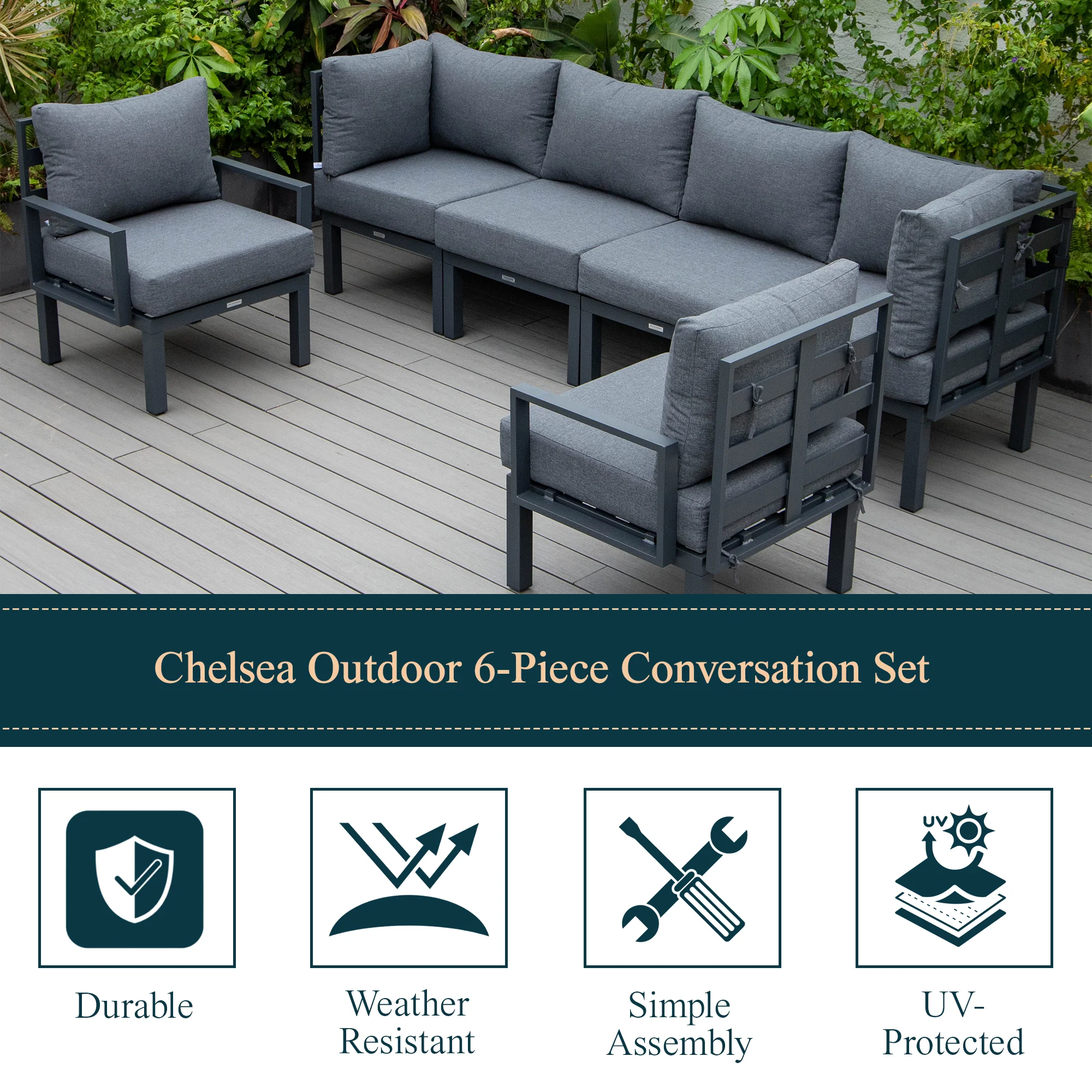 Chelsea 6-Piece Patio Sectional Black Aluminum With Cushions