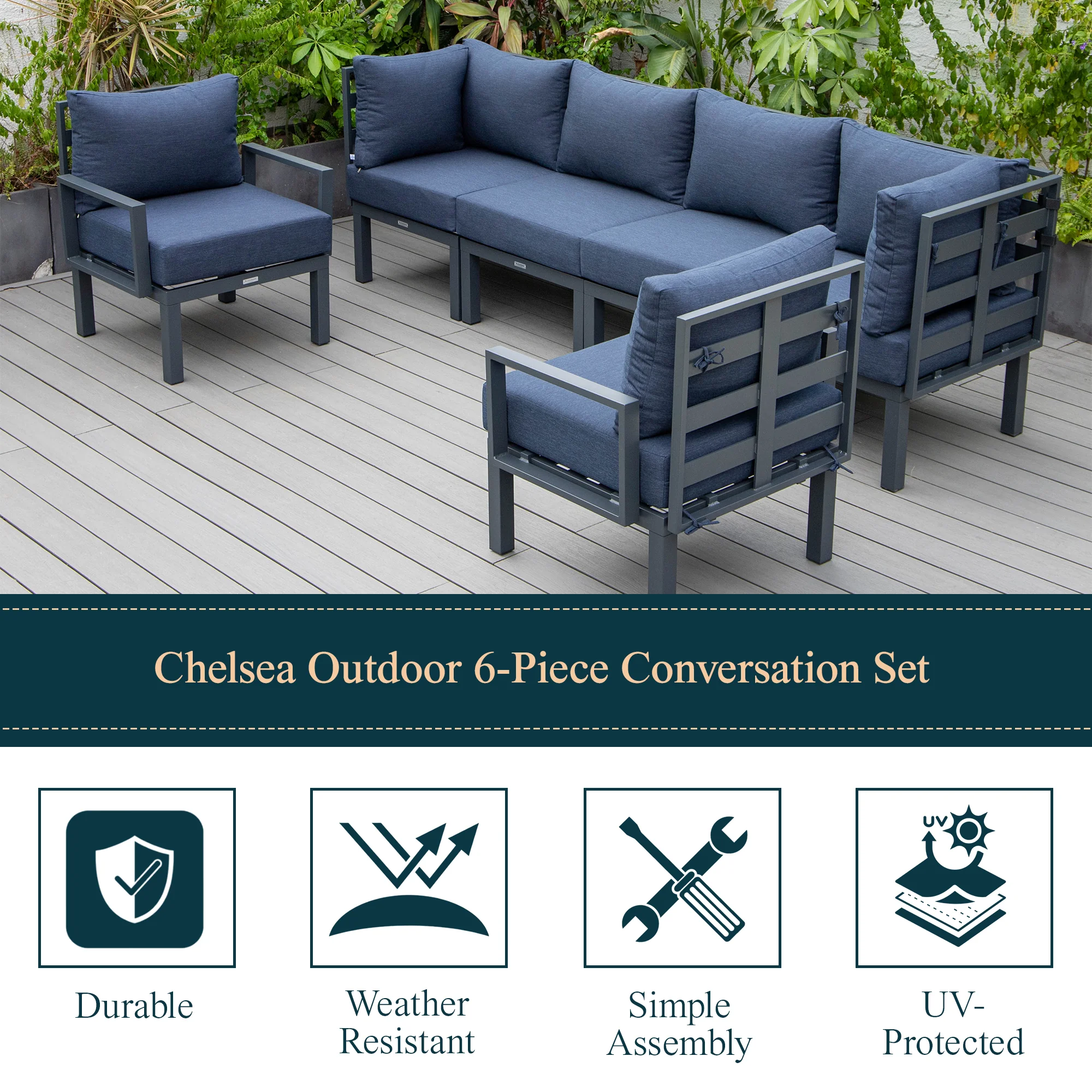 Chelsea 6-Piece Patio Sectional Black Aluminum With Cushions