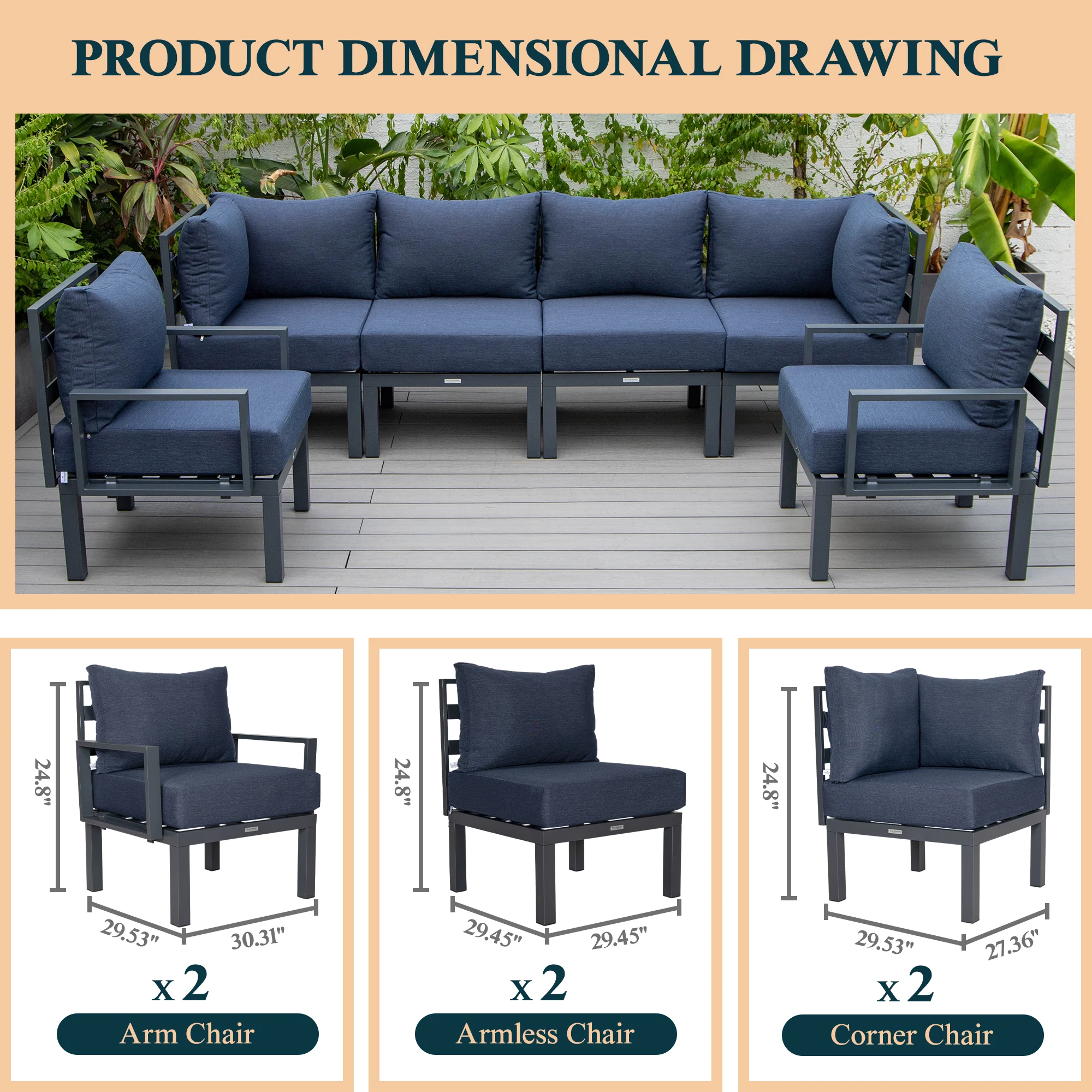 Chelsea 6-Piece Patio Sectional Black Aluminum With Cushions