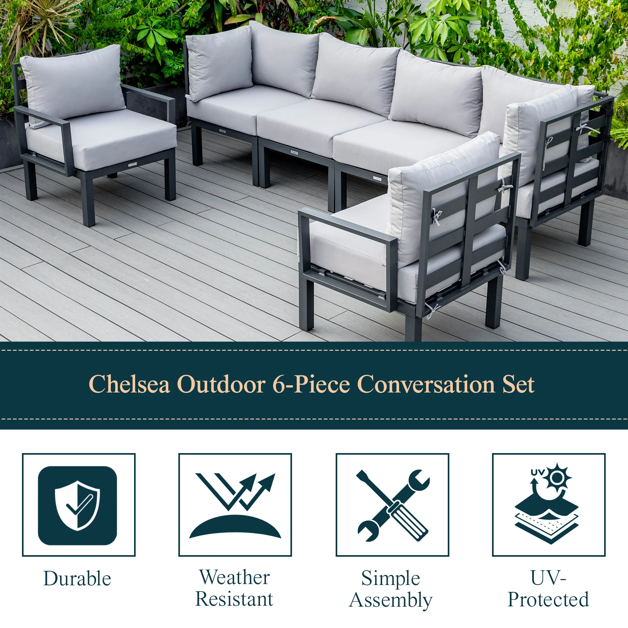 Chelsea 6-Piece Patio Sectional Black Aluminum With Cushions