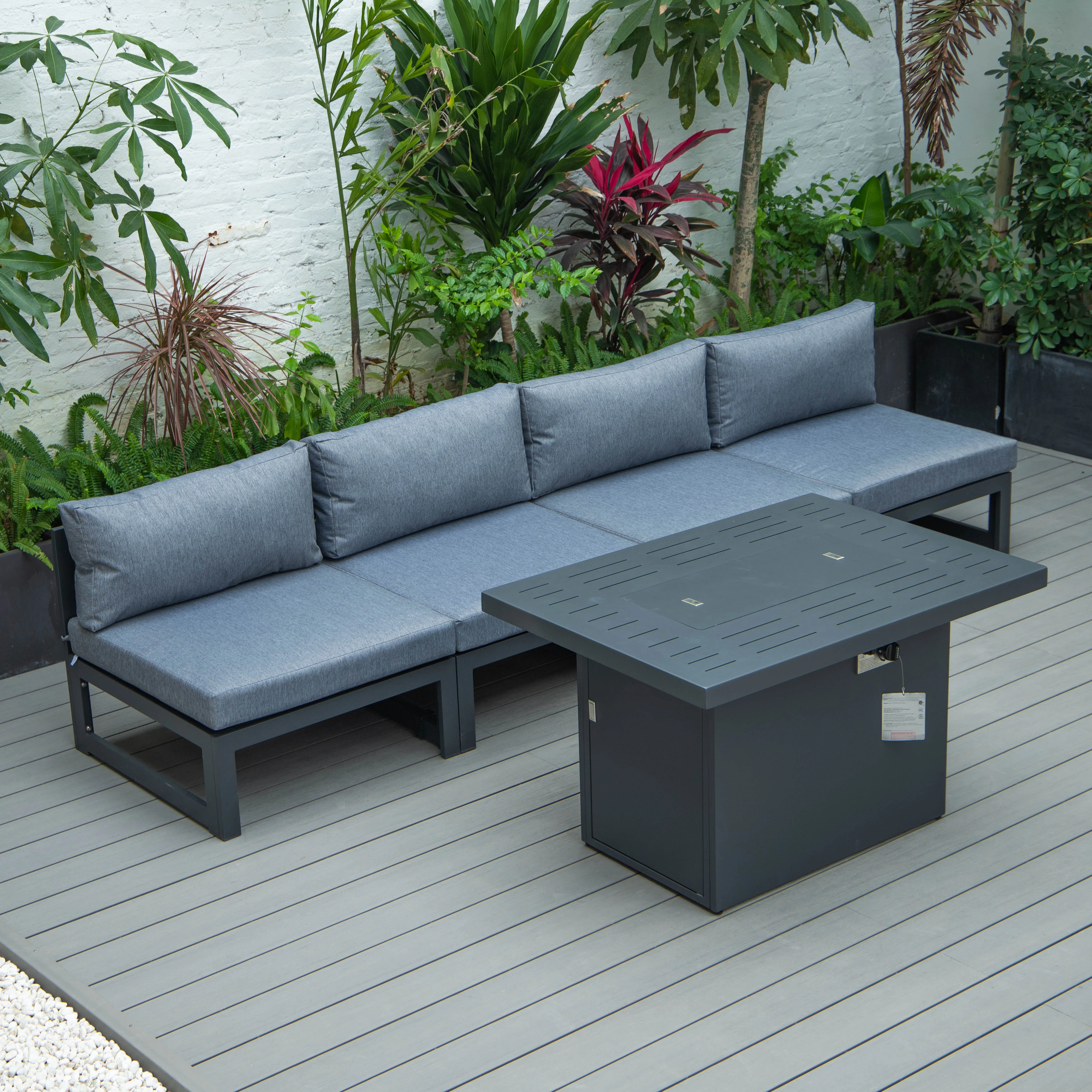 Chelsea 5-Piece Middle Patio Chairs and Fire Pit Table Set Black Aluminum With Cushions