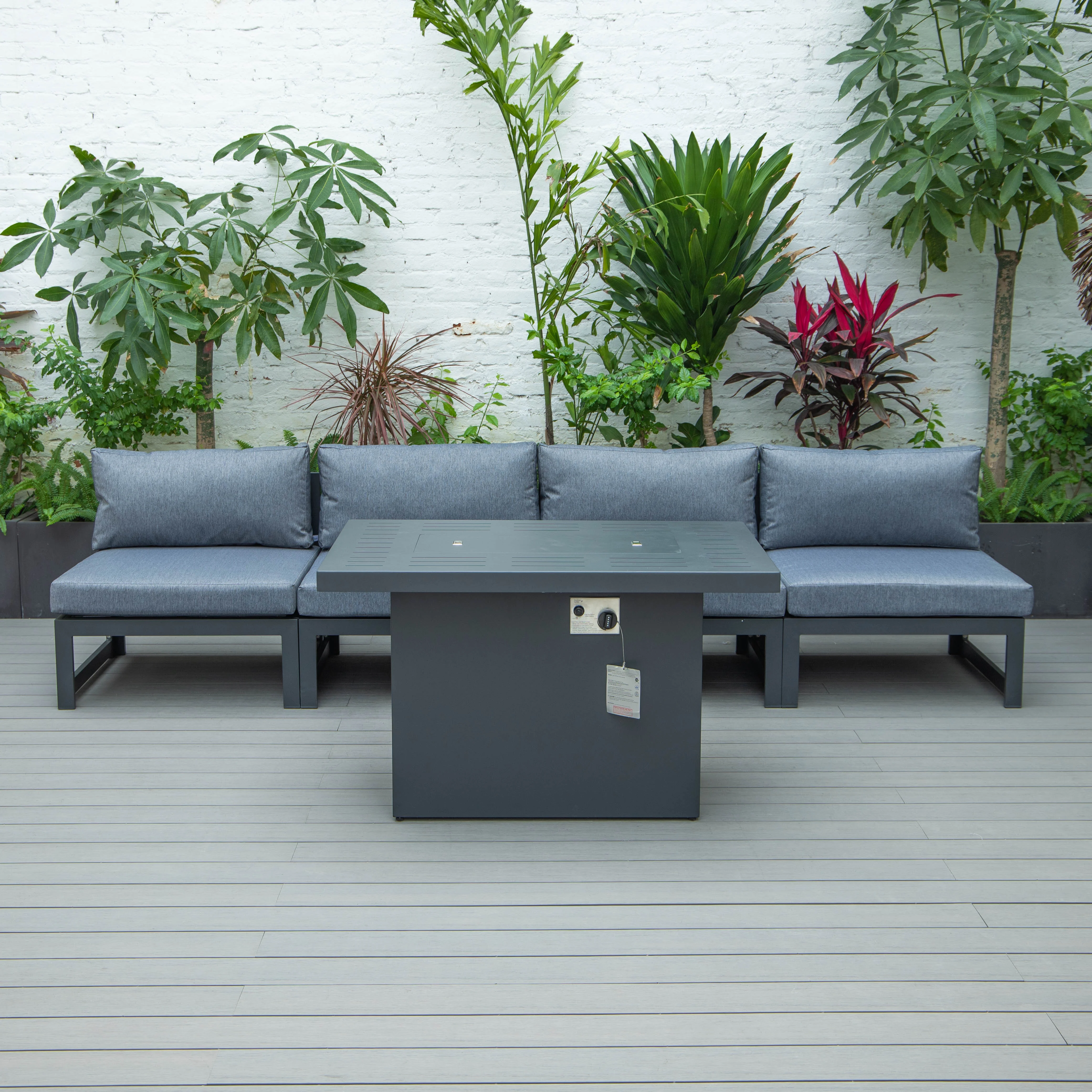 Chelsea 5-Piece Middle Patio Chairs and Fire Pit Table Set Black Aluminum With Cushions