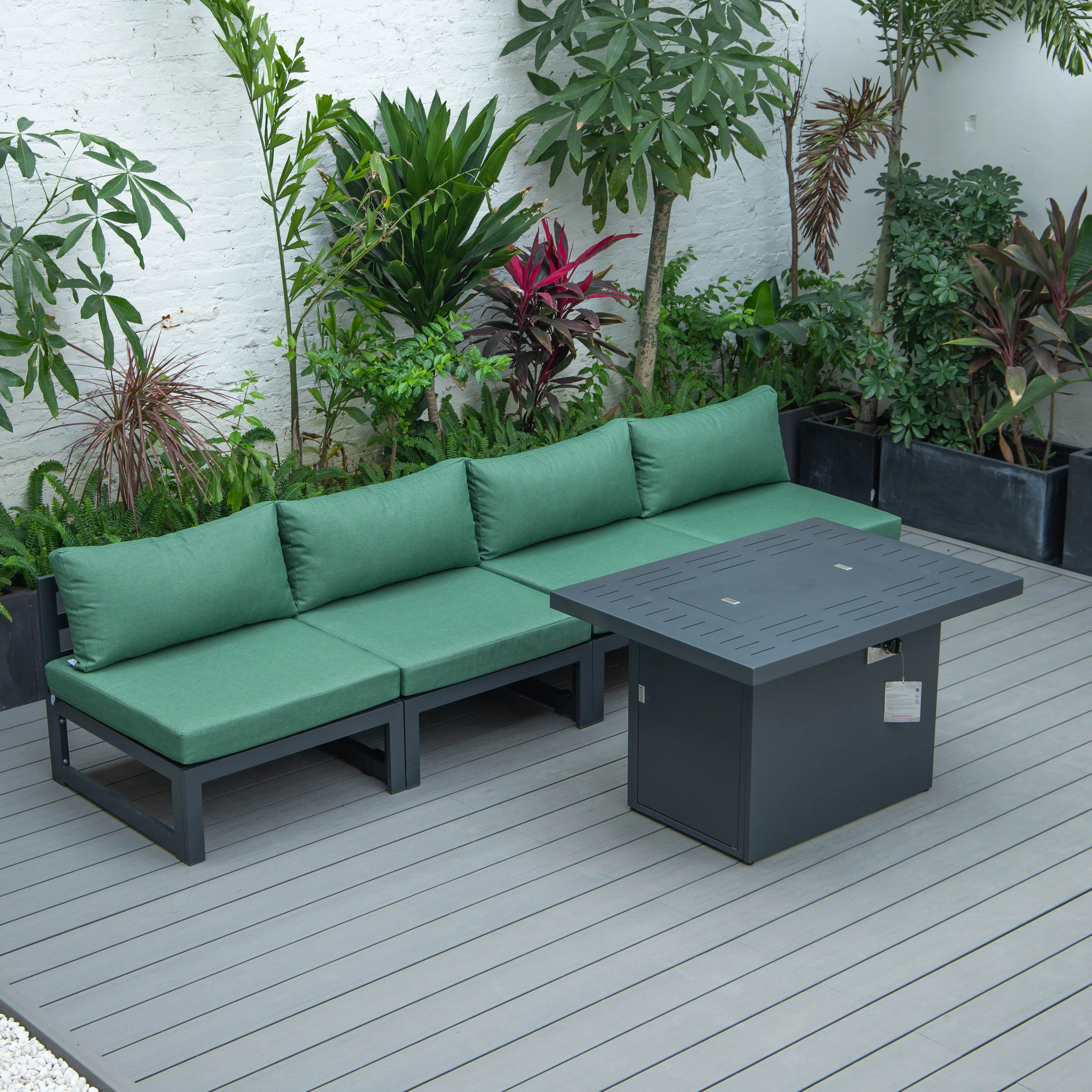 Chelsea 5-Piece Middle Patio Chairs and Fire Pit Table Set Black Aluminum With Cushions