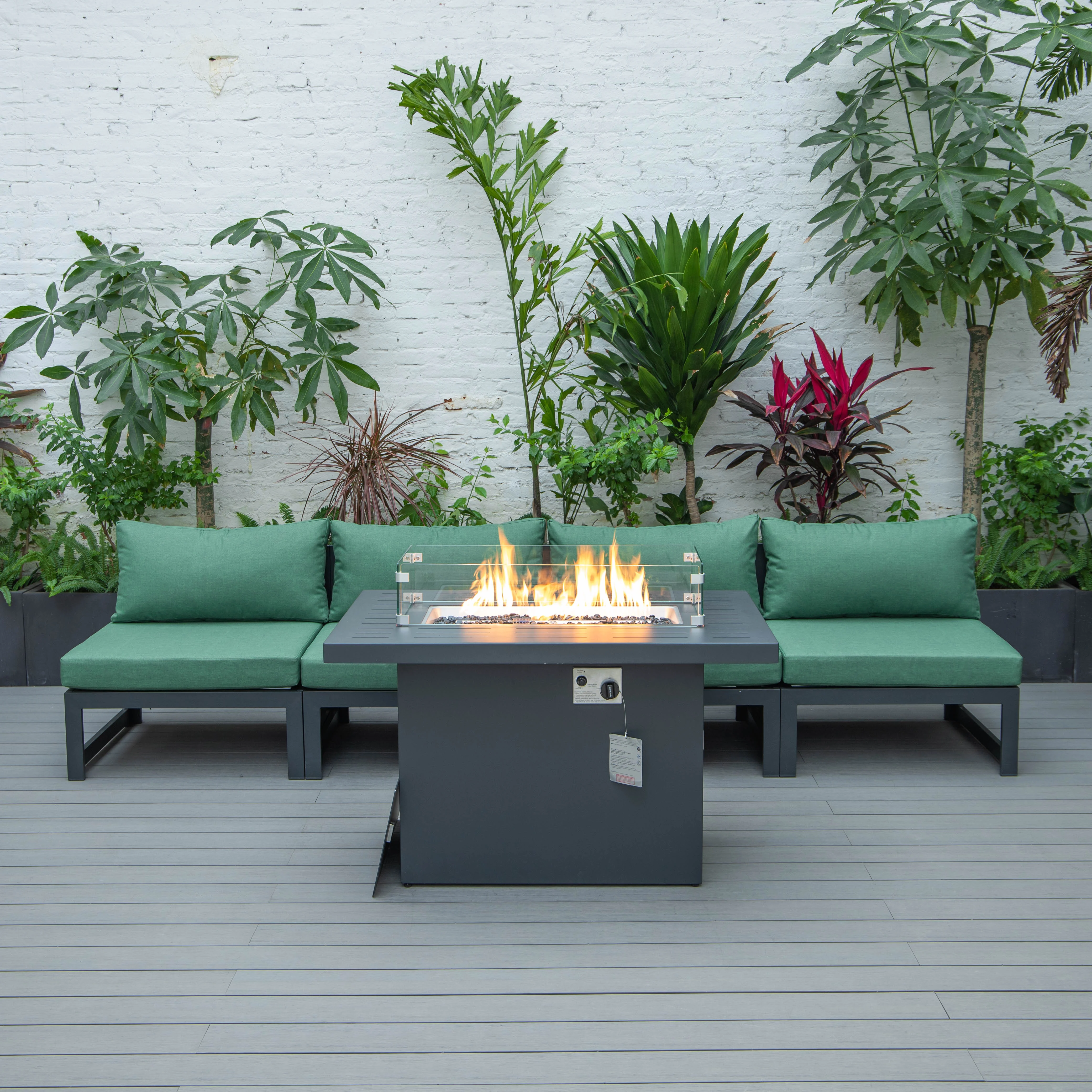 Chelsea 5-Piece Middle Patio Chairs and Fire Pit Table Set Black Aluminum With Cushions