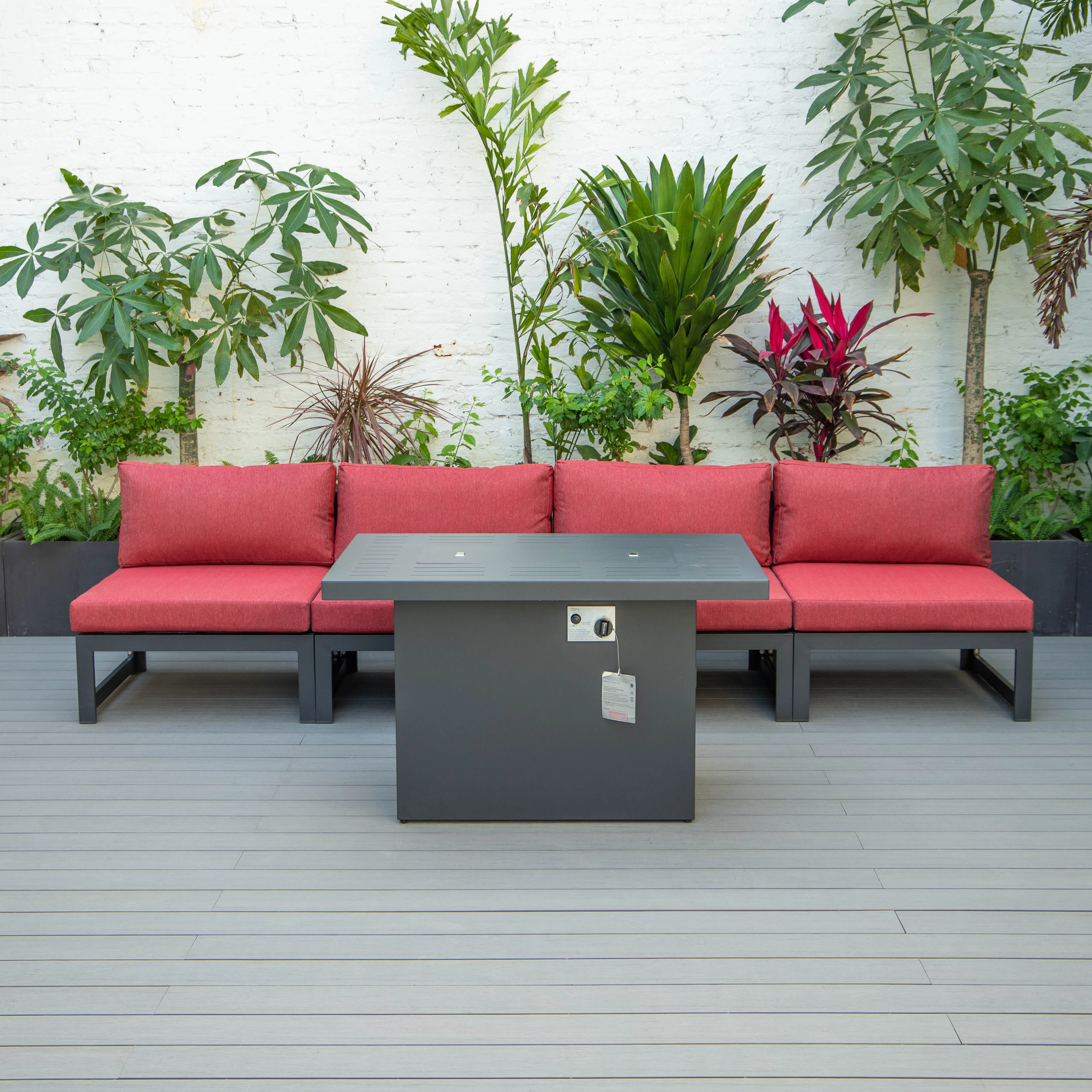 Chelsea 5-Piece Middle Patio Chairs and Fire Pit Table Set Black Aluminum With Cushions