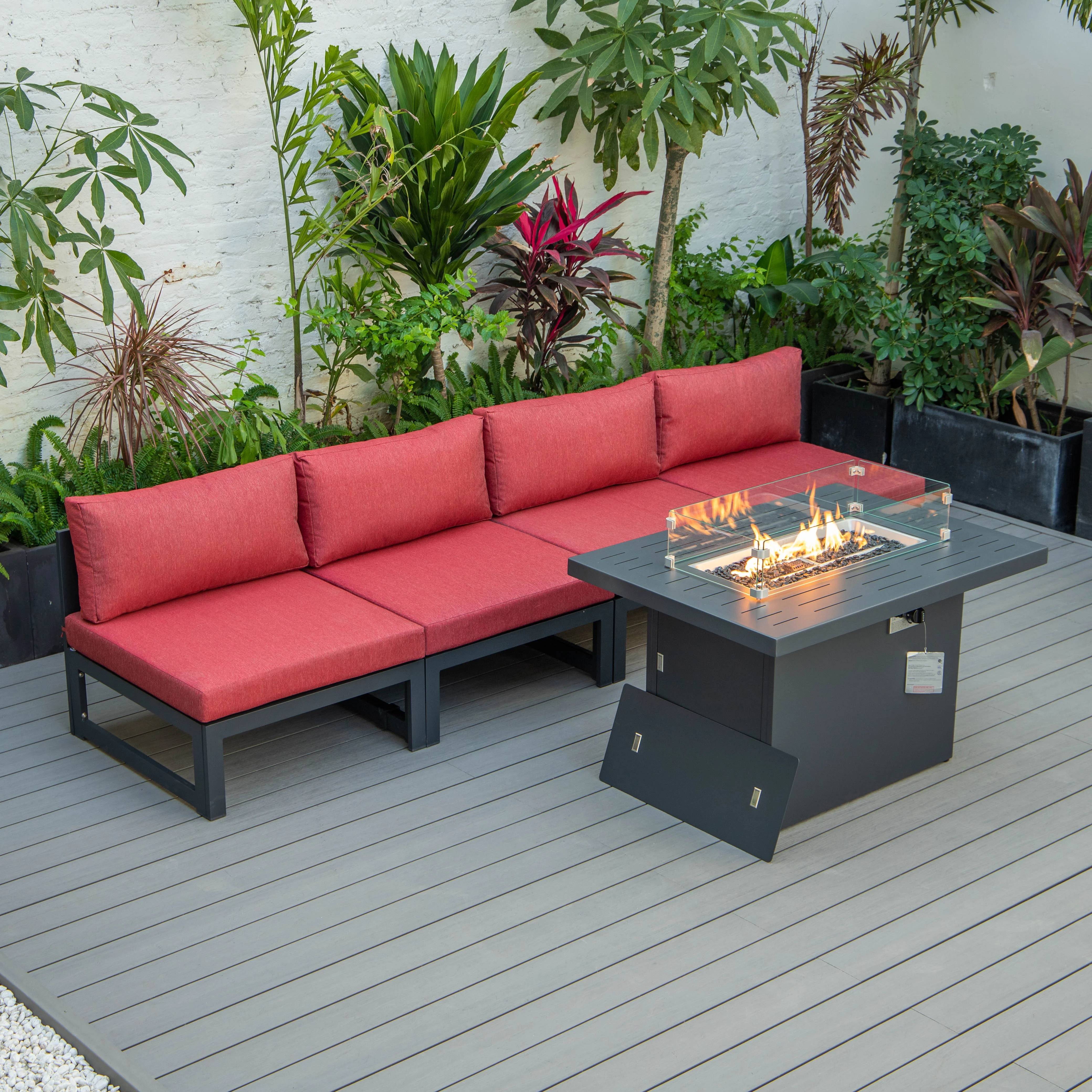 Chelsea 5-Piece Middle Patio Chairs and Fire Pit Table Set Black Aluminum With Cushions