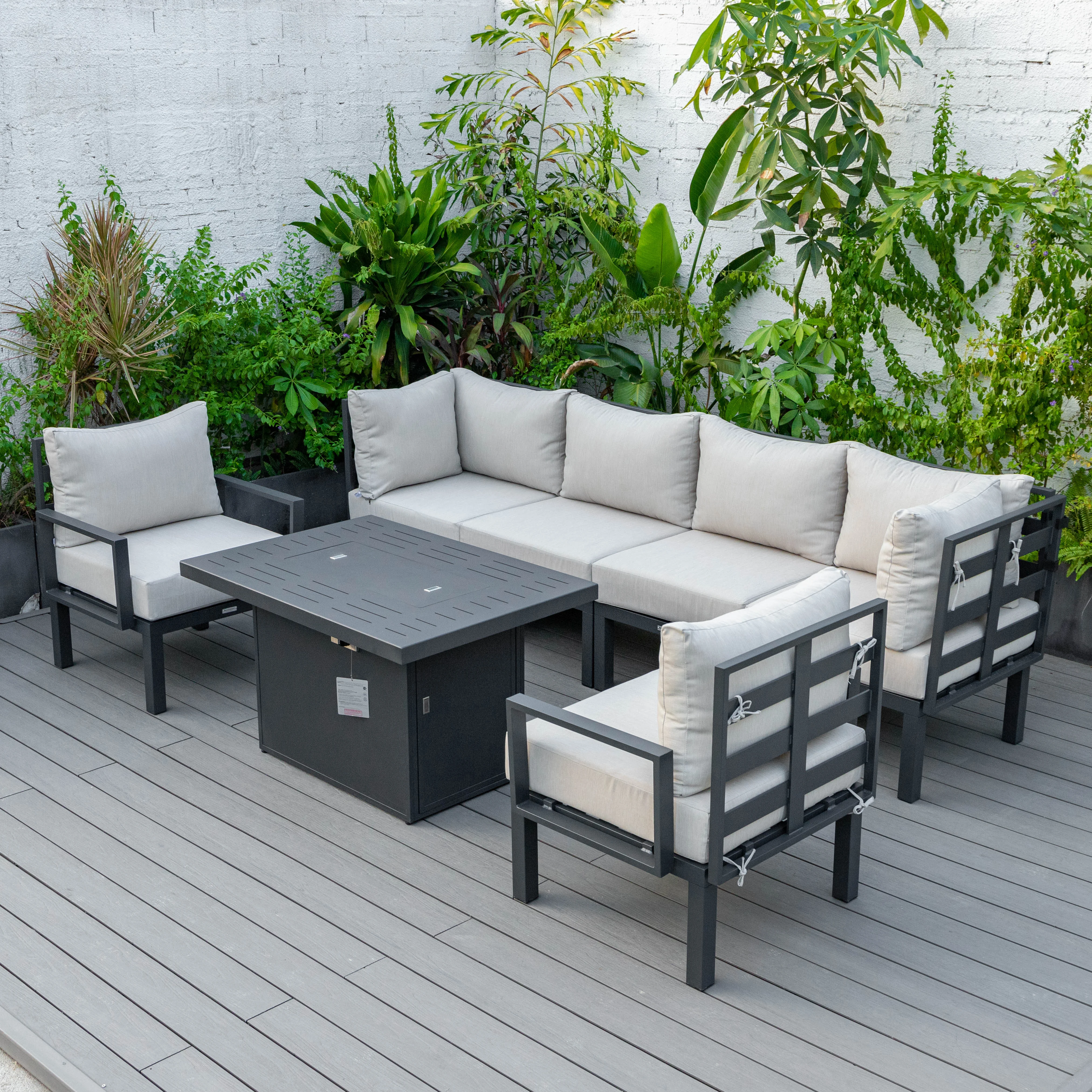 Chelsea 7-Piece Patio Sectional And Fire Pit Table Black Aluminum With Cushions