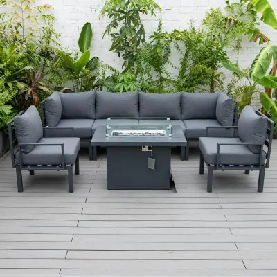 Chelsea 7-Piece Patio Sectional And Fire Pit Table Black Aluminum With Cushions