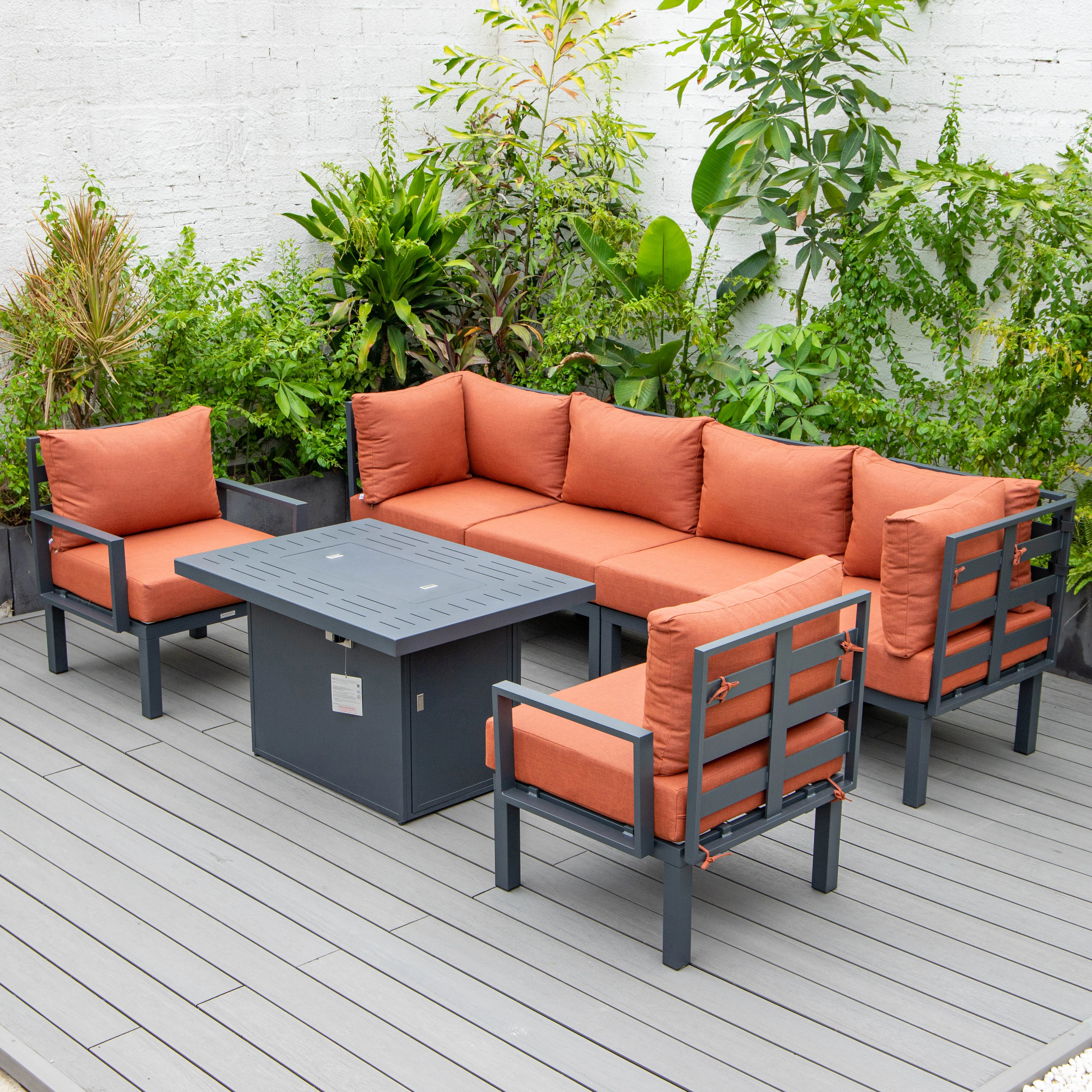 Chelsea 7-Piece Patio Sectional And Fire Pit Table Black Aluminum With Cushions