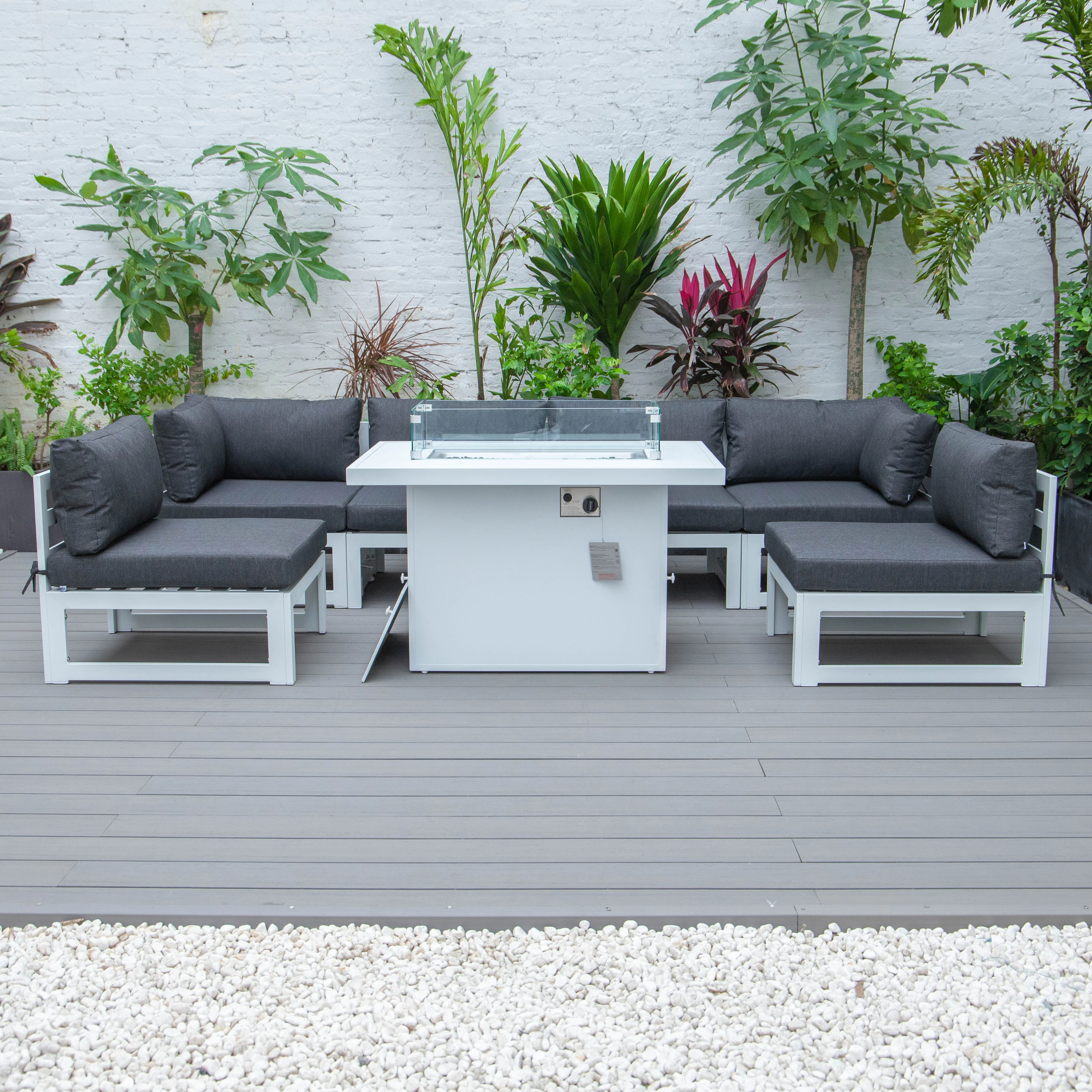 Chelsea 7-Piece Patio Sectional And Fire Pit Table White Aluminum With Cushions