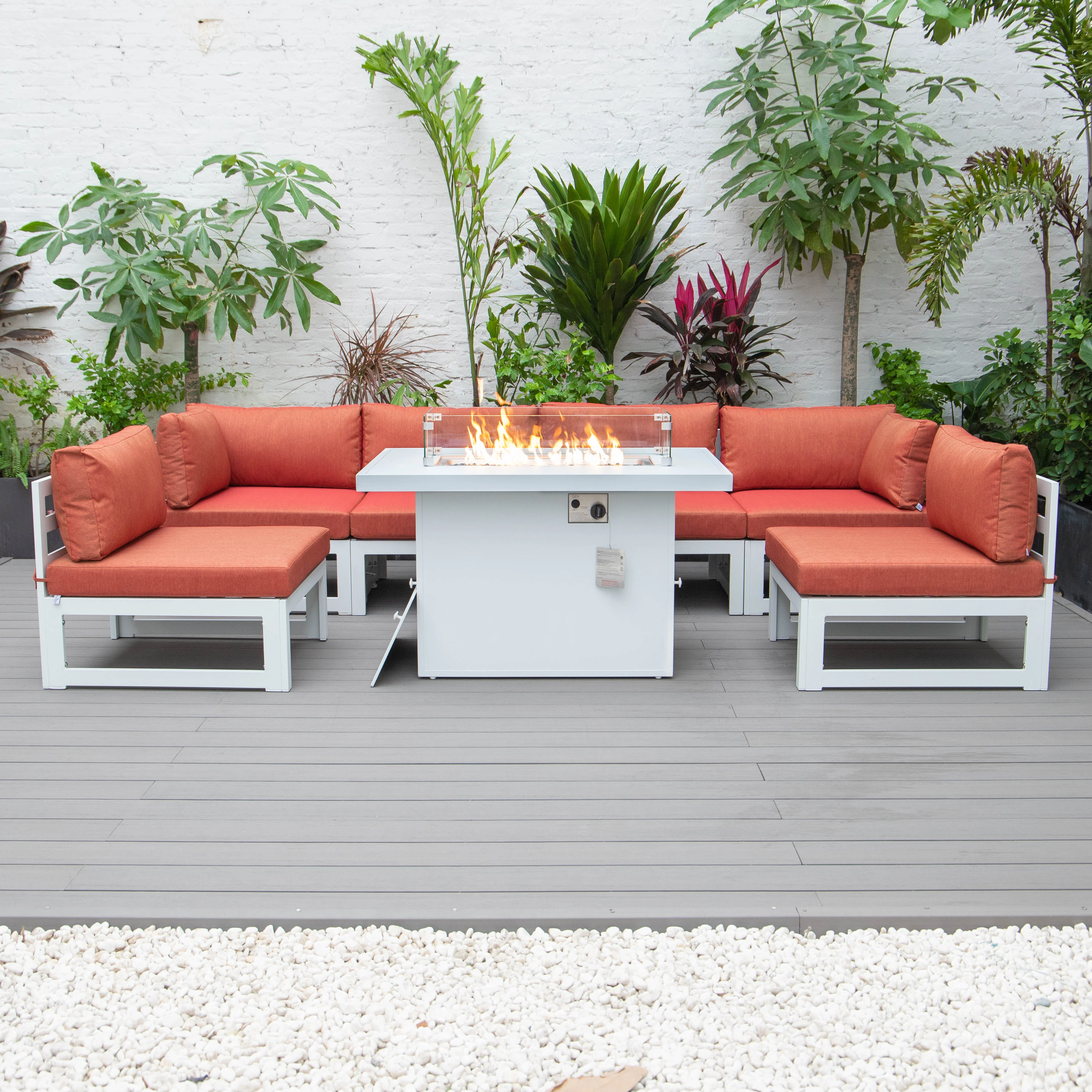 Chelsea 7-Piece Patio Sectional And Fire Pit Table White Aluminum With Cushions