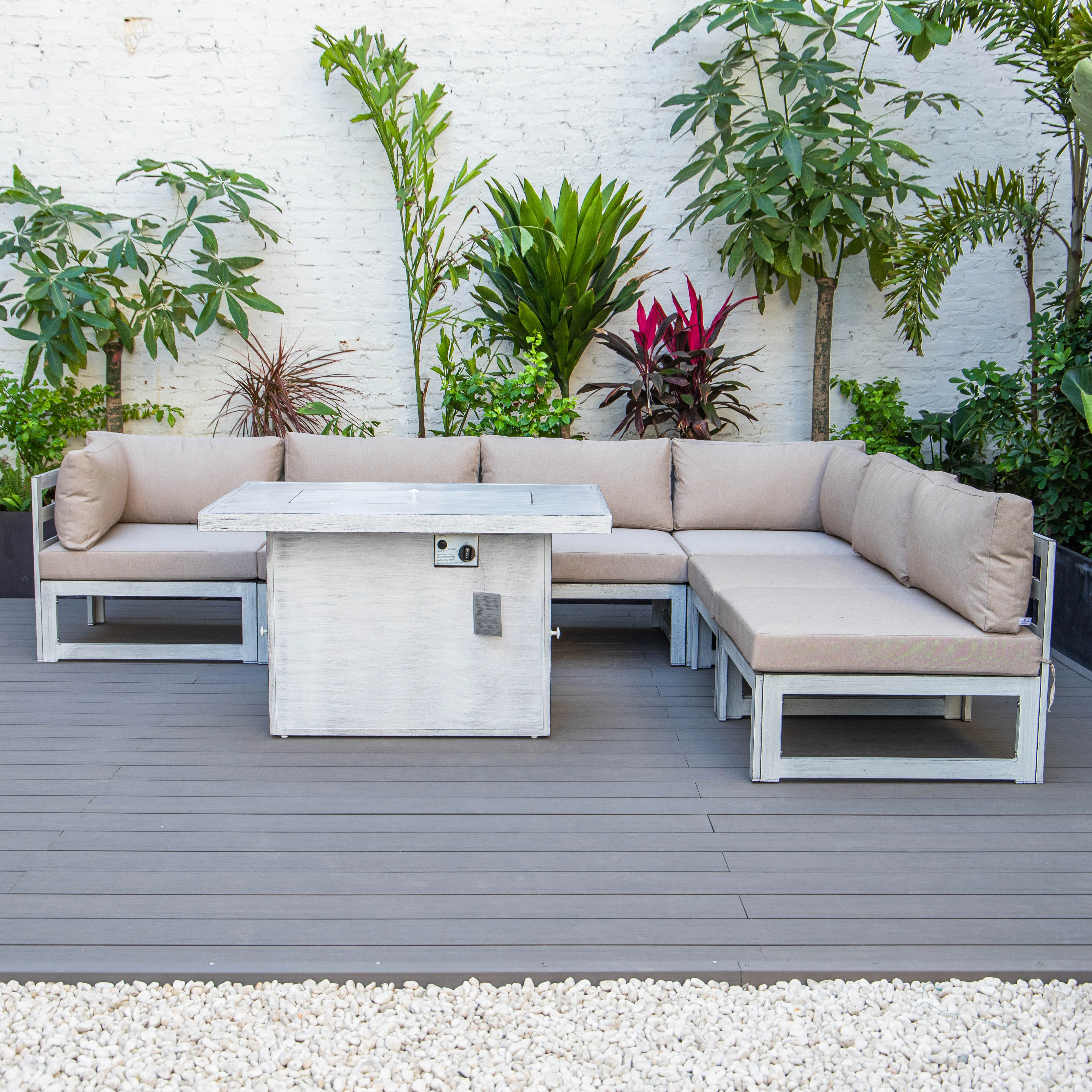 Chelsea 7-Piece Patio Sectional And Fire Pit Table Weathered Grey Aluminum With Cushions