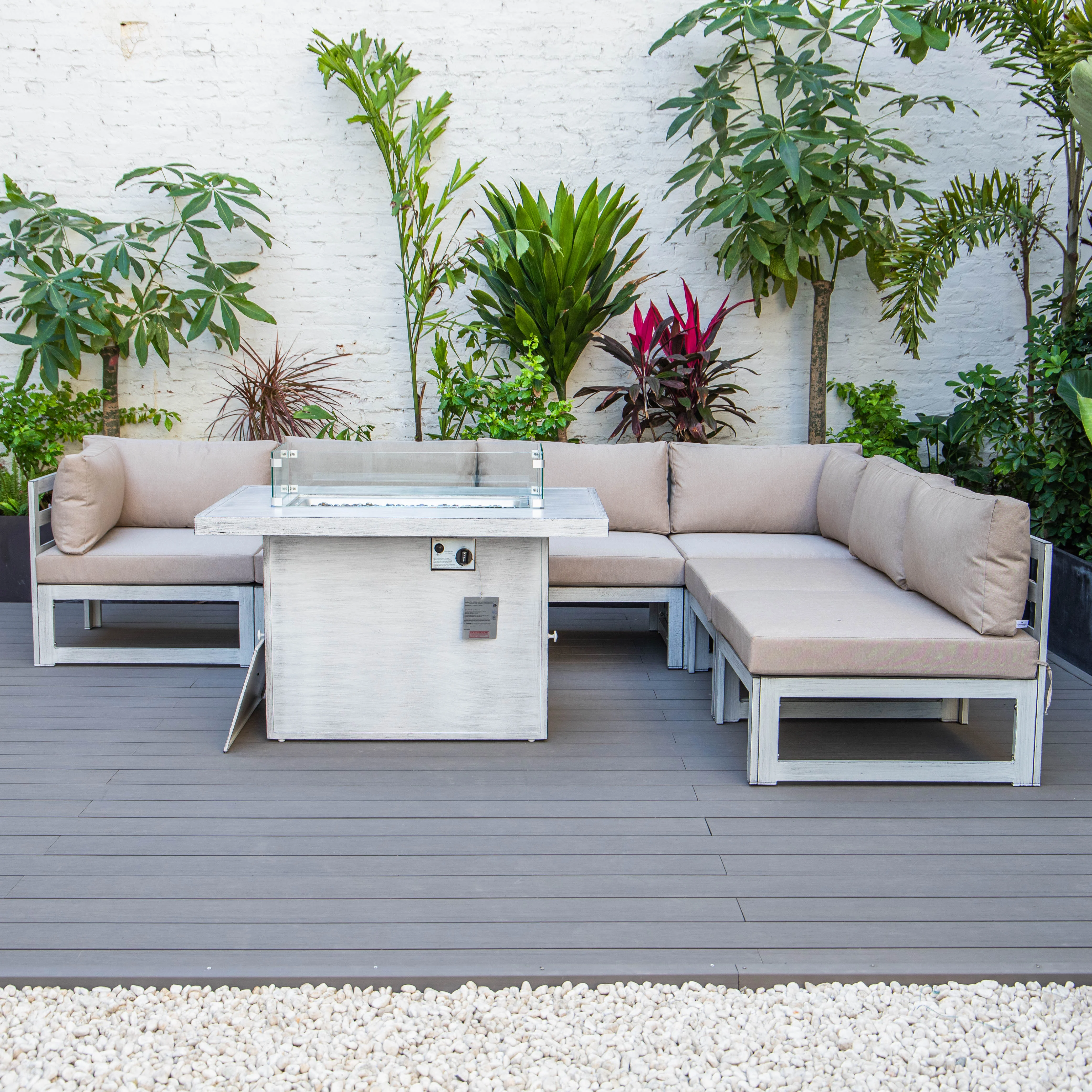 Chelsea 7-Piece Patio Sectional And Fire Pit Table Weathered Grey Aluminum With Cushions