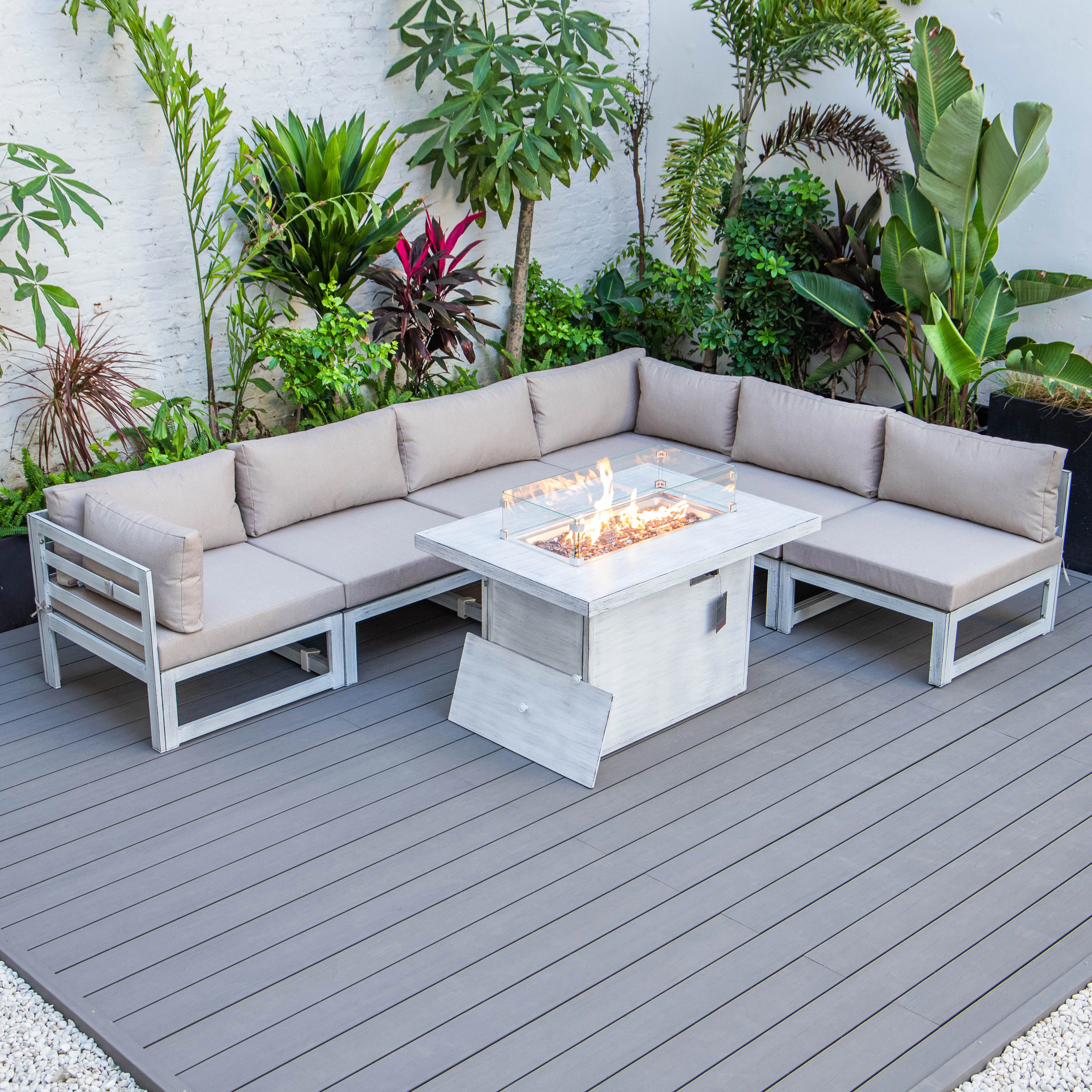 Chelsea 7-Piece Patio Sectional And Fire Pit Table Weathered Grey Aluminum With Cushions