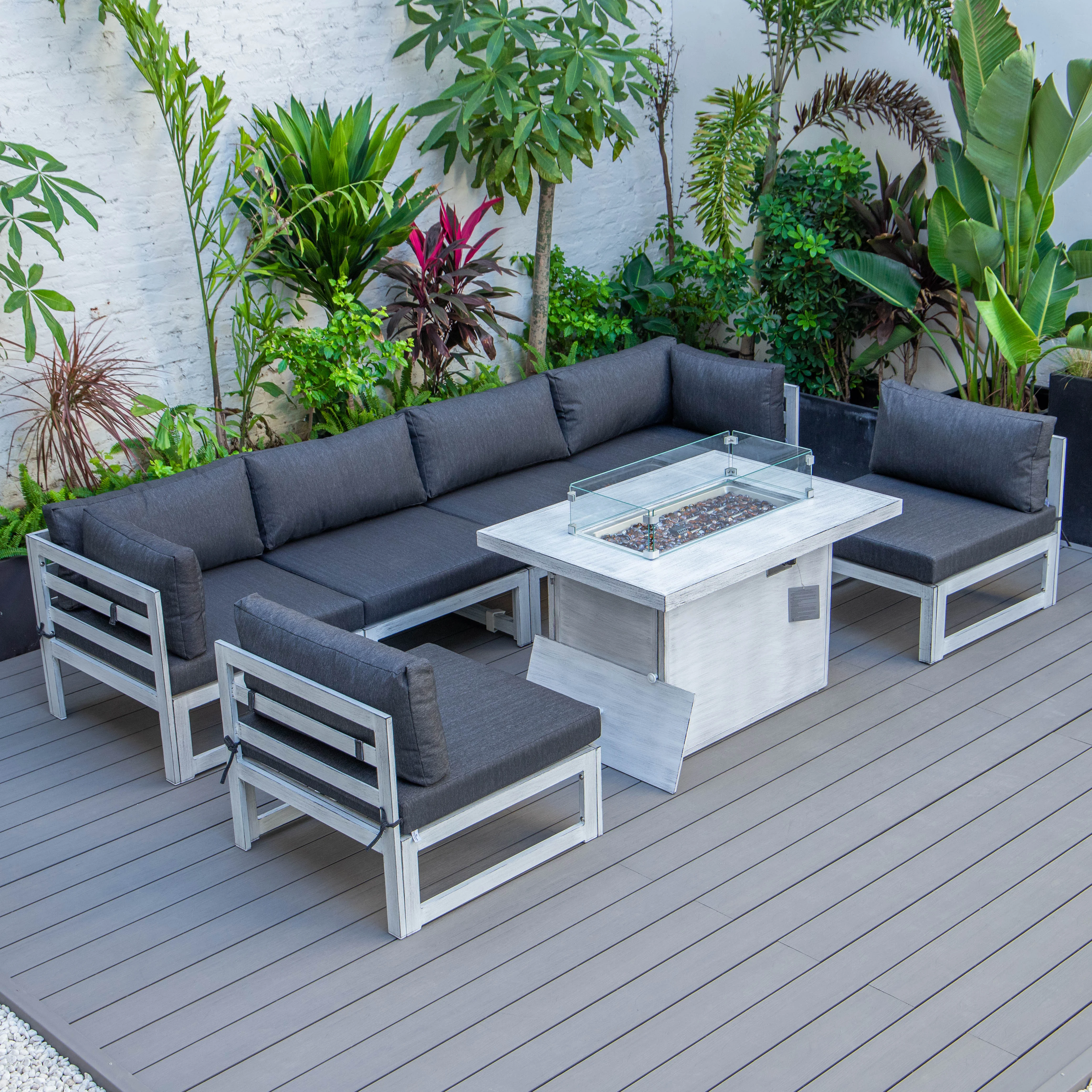 Chelsea 7-Piece Patio Sectional And Fire Pit Table Weathered Grey Aluminum With Cushions