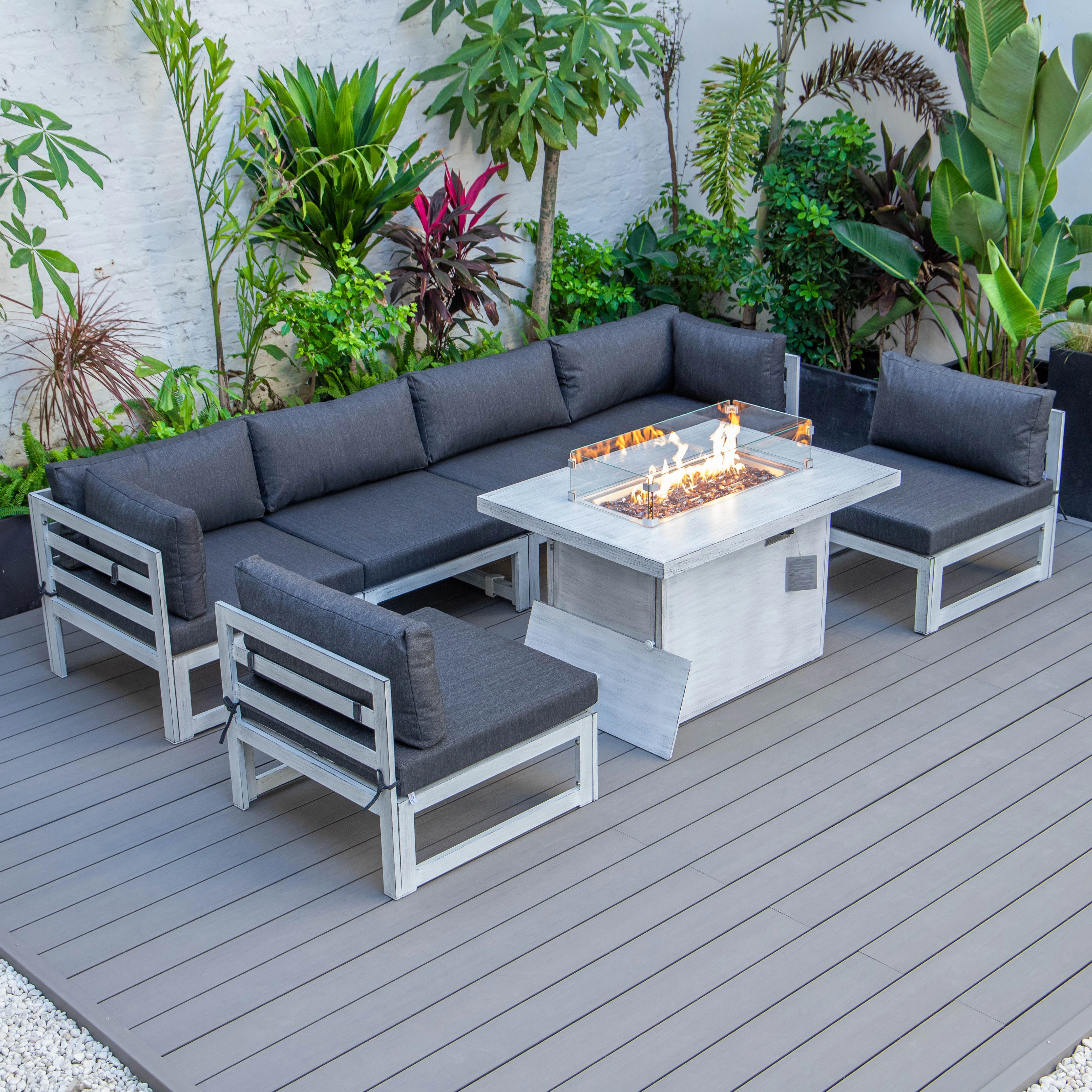 Chelsea 7-Piece Patio Sectional And Fire Pit Table Weathered Grey Aluminum With Cushions