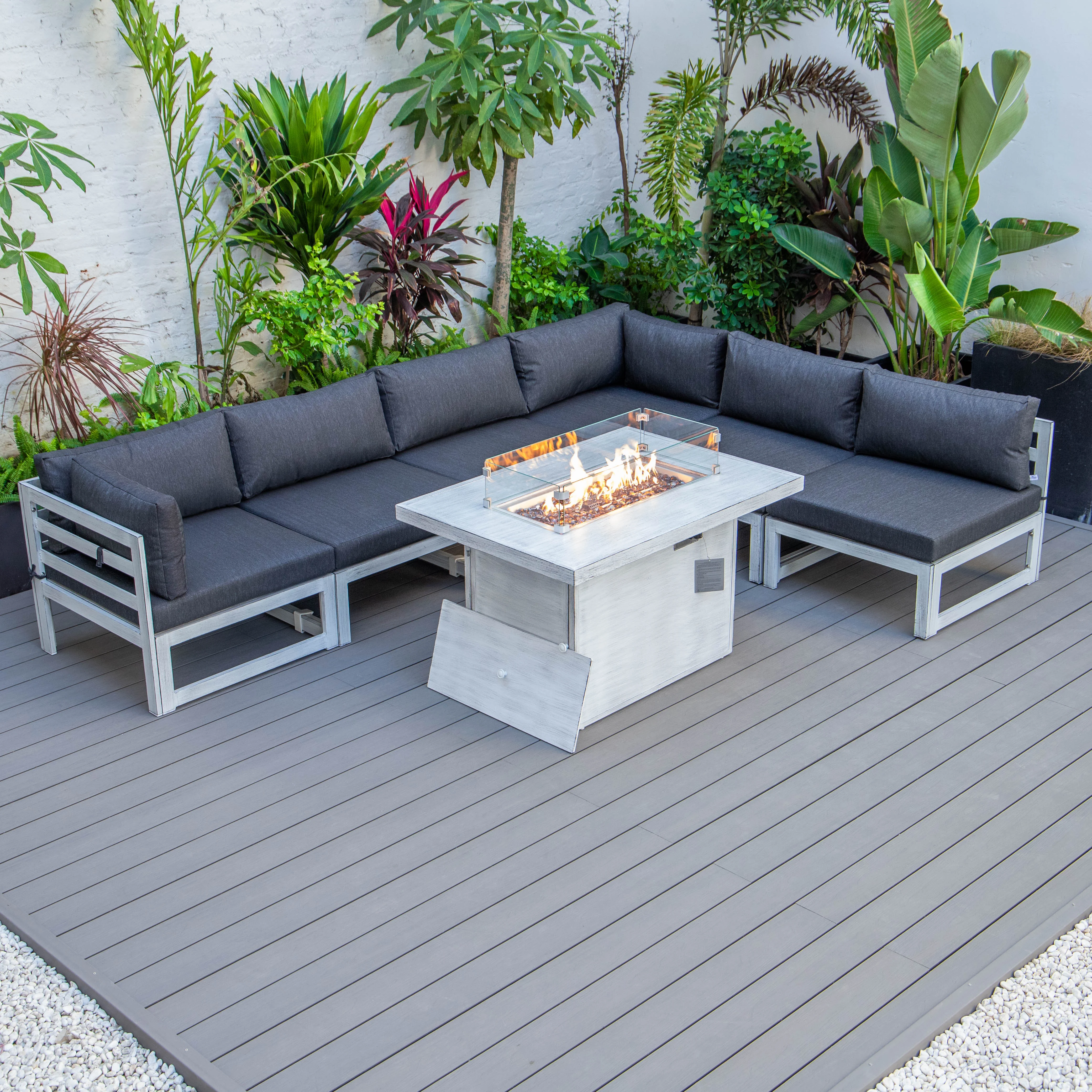 Chelsea 7-Piece Patio Sectional And Fire Pit Table Weathered Grey Aluminum With Cushions