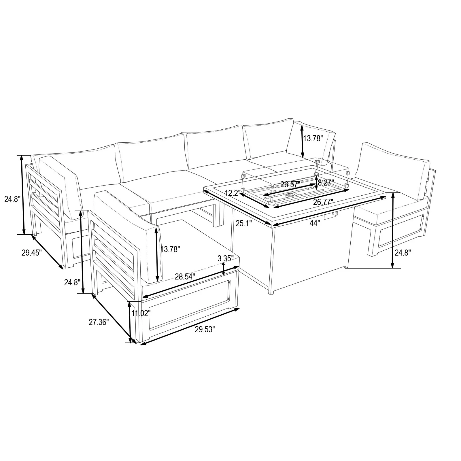 Chelsea 7-Piece Patio Sectional And Fire Pit Table Weathered Grey Aluminum With Cushions