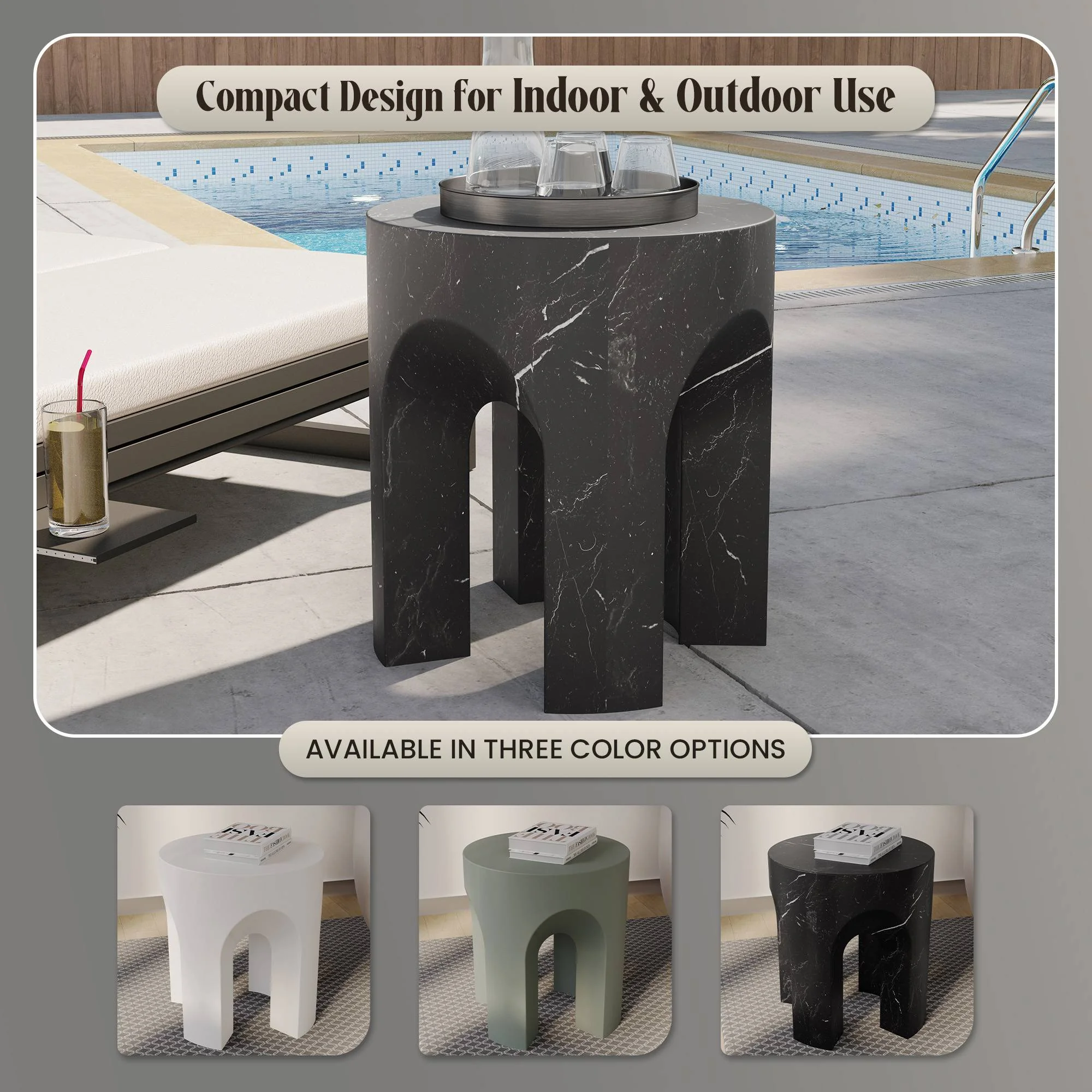 Crus Collection Fiberglass Outdoor Side Table Marbleized Black