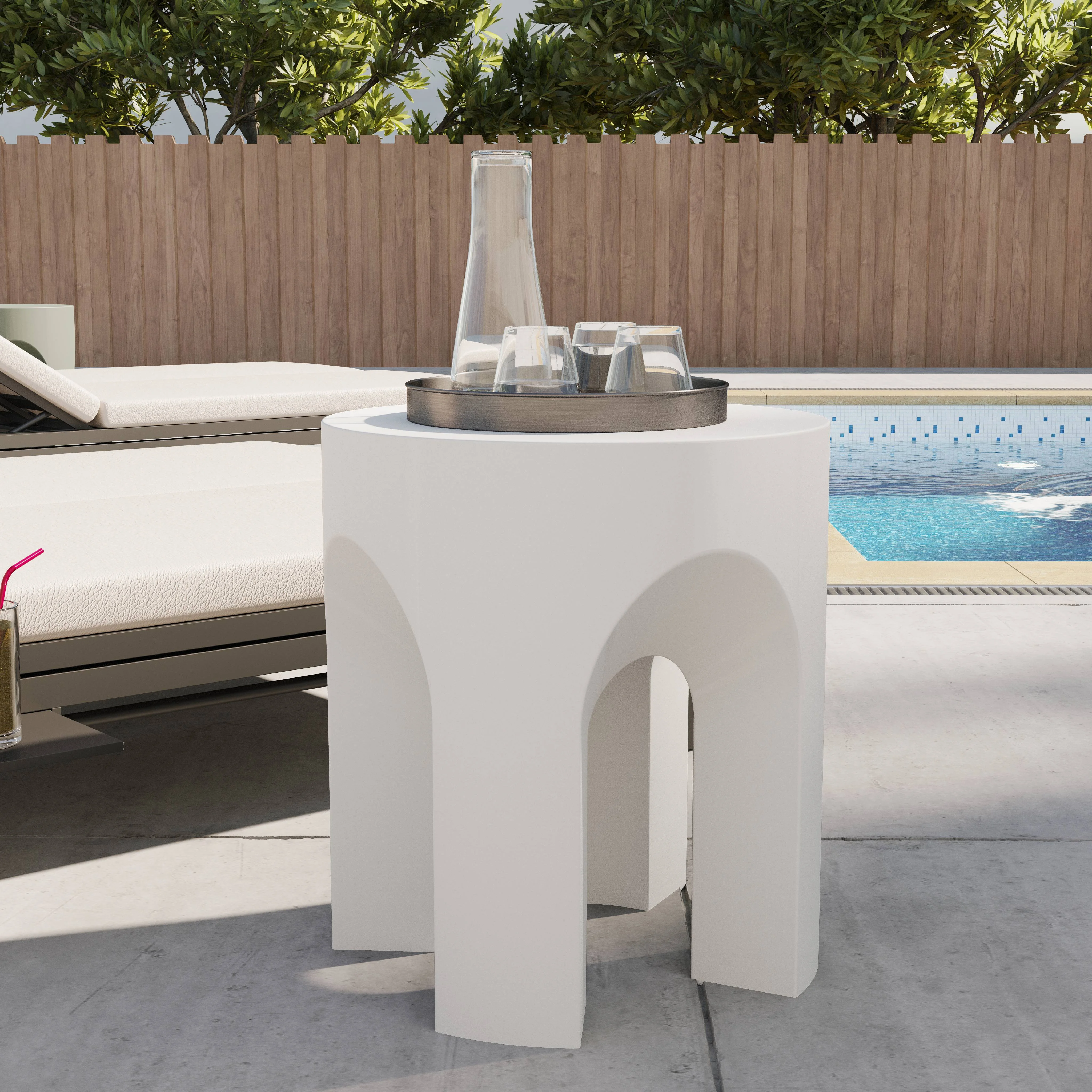 Crus Collection Fiberglass Outdoor Side Table in White
