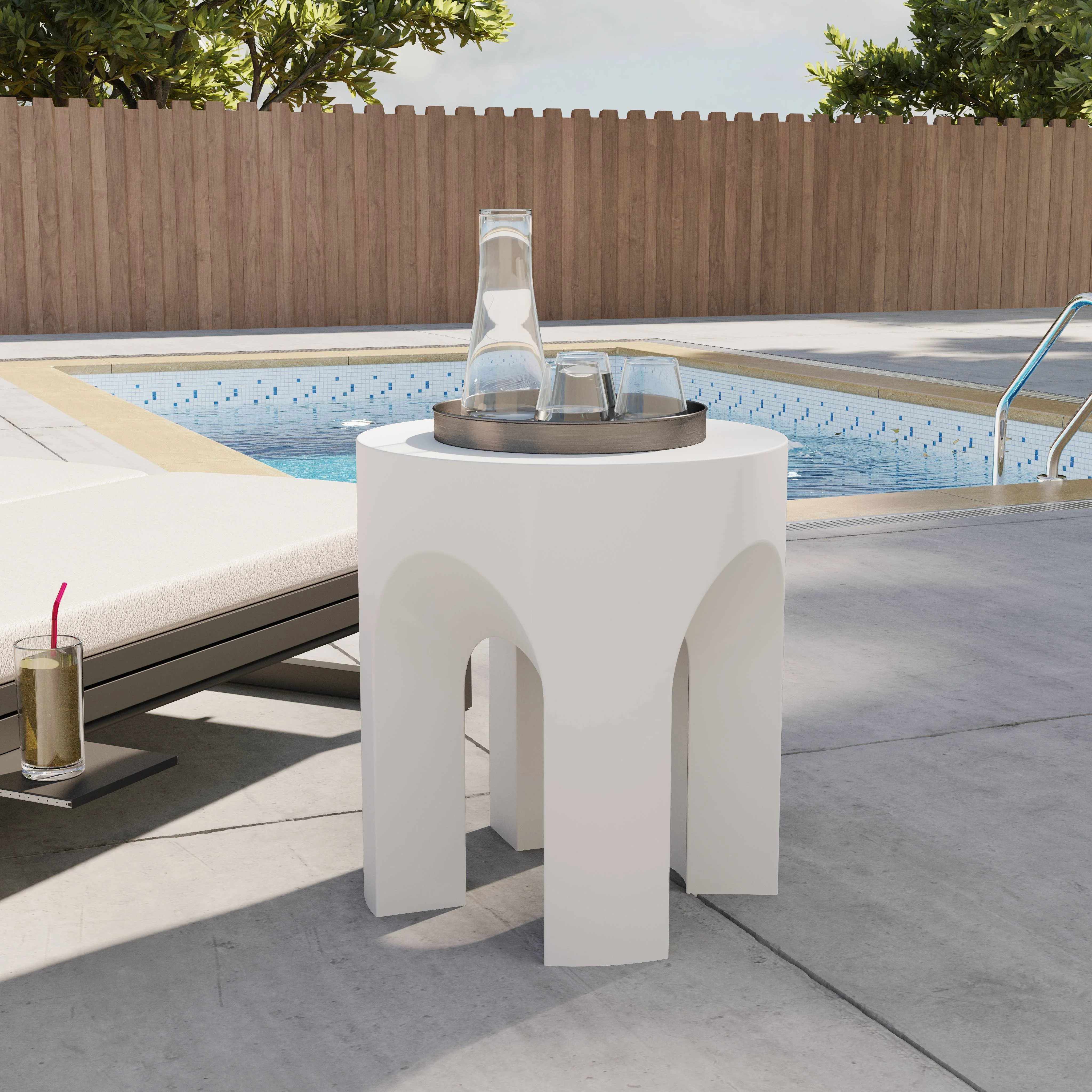 Crus Collection Fiberglass Outdoor Side Table in White