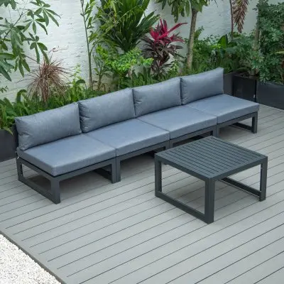 Chelsea 5-Piece Middle Patio Chairs and Coffee Table Set Black Aluminum With Cushions