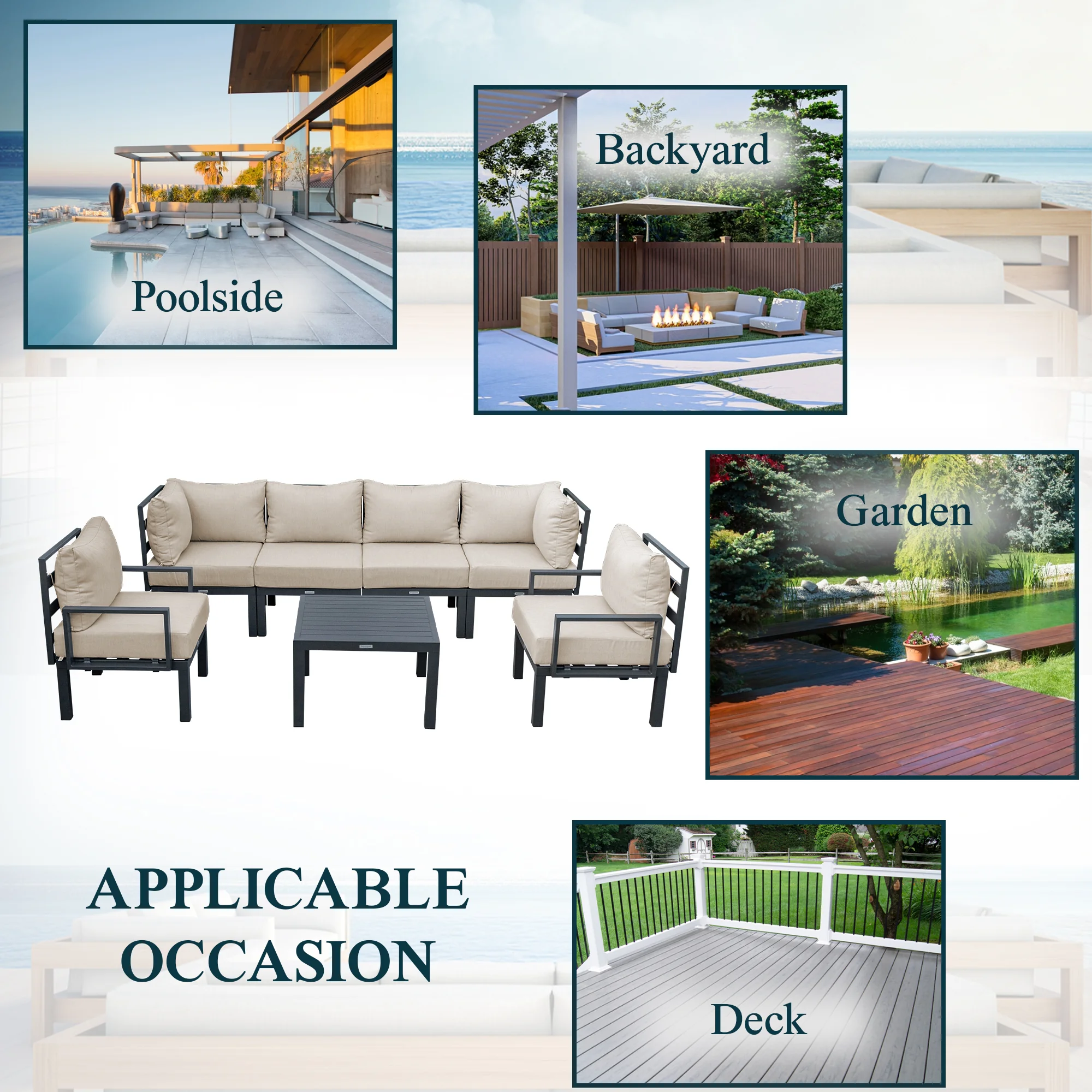 Chelsea 7-Piece Patio Sectional And Coffee Table Set Black Aluminum With Cushions