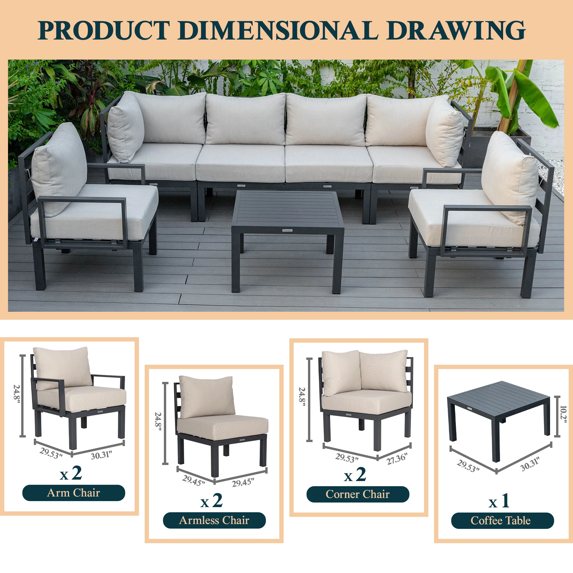 Chelsea 7-Piece Patio Sectional And Coffee Table Set Black Aluminum With Cushions