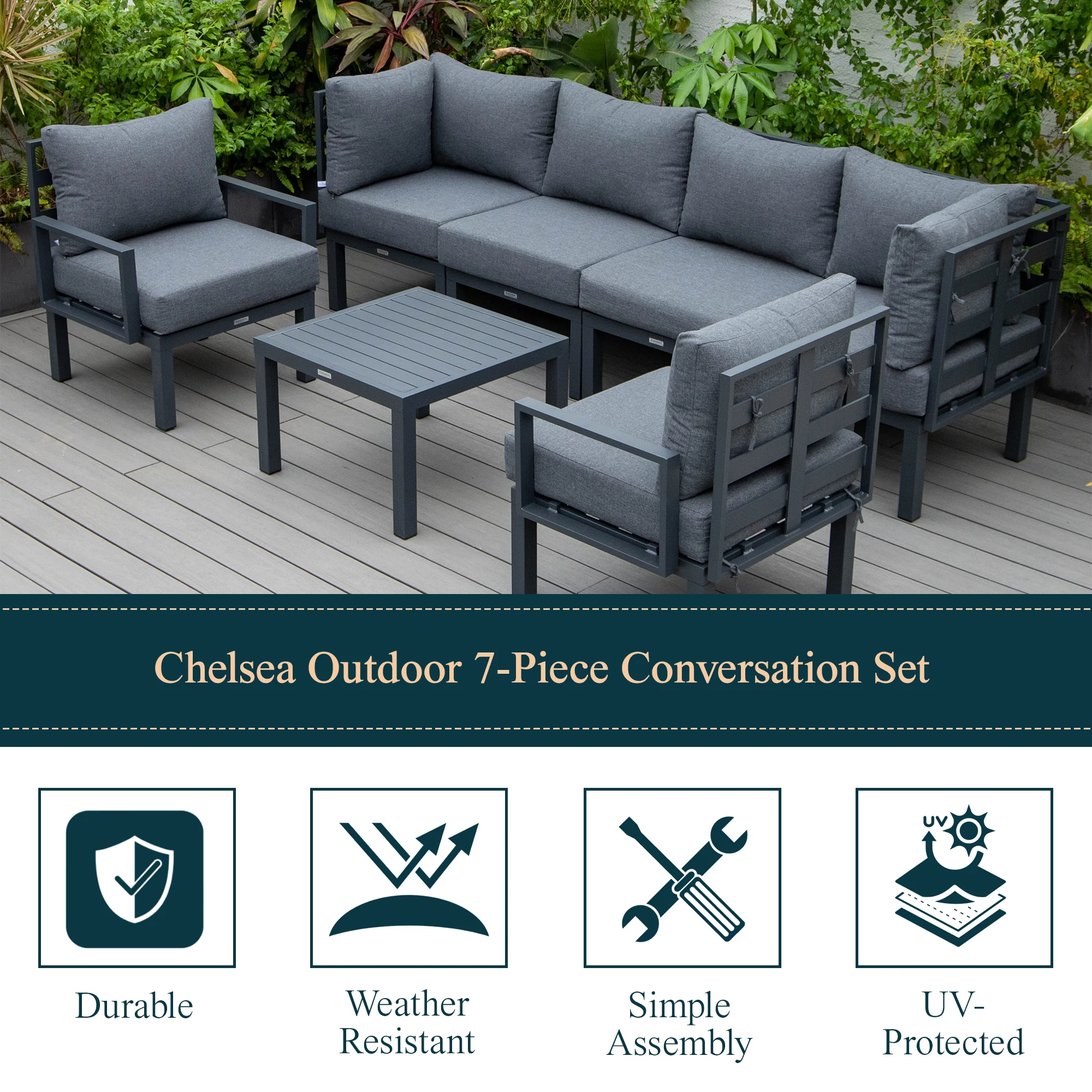 Chelsea 7-Piece Patio Sectional And Coffee Table Set Black Aluminum With Cushions