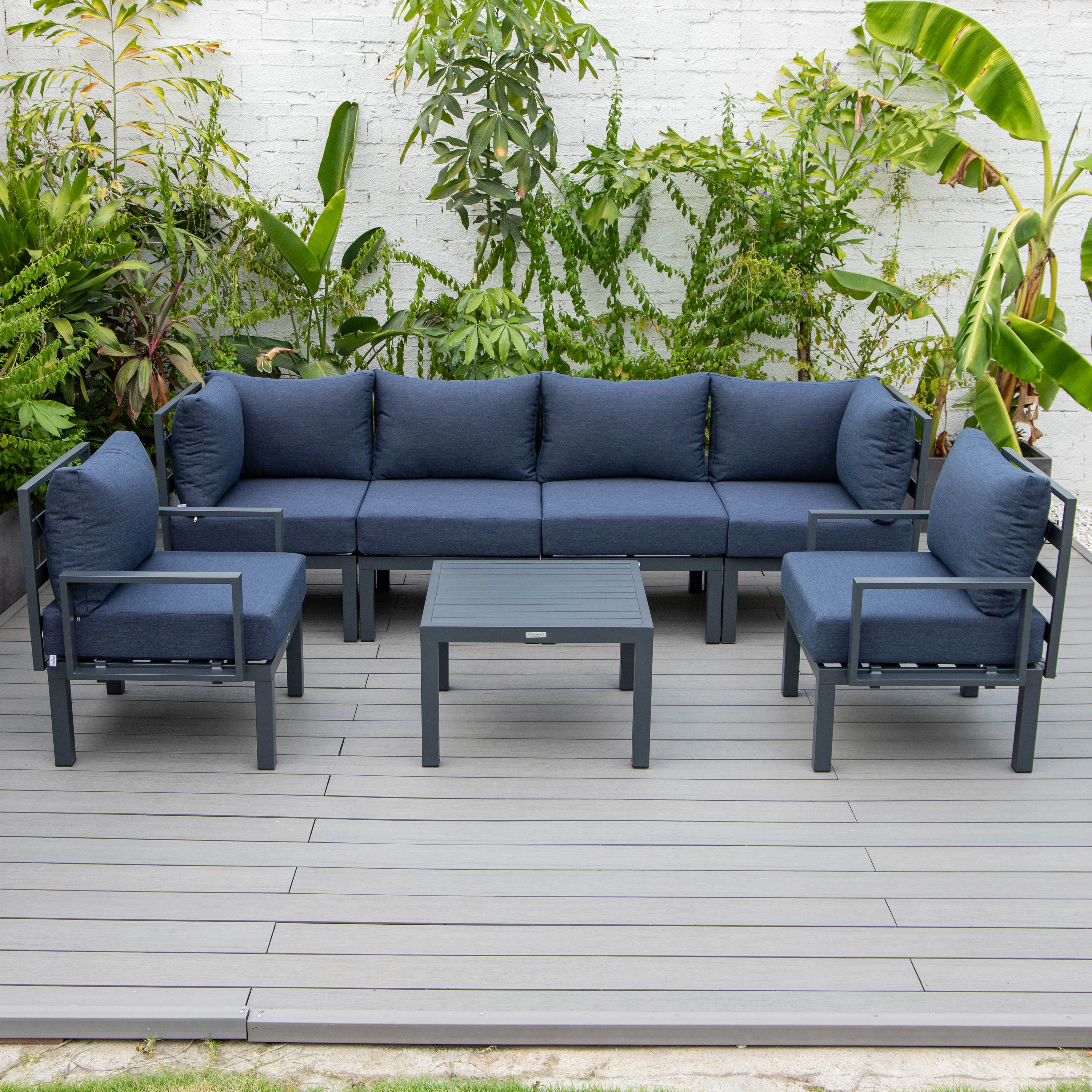 Chelsea 7-Piece Patio Sectional And Coffee Table Set Black Aluminum With Cushions