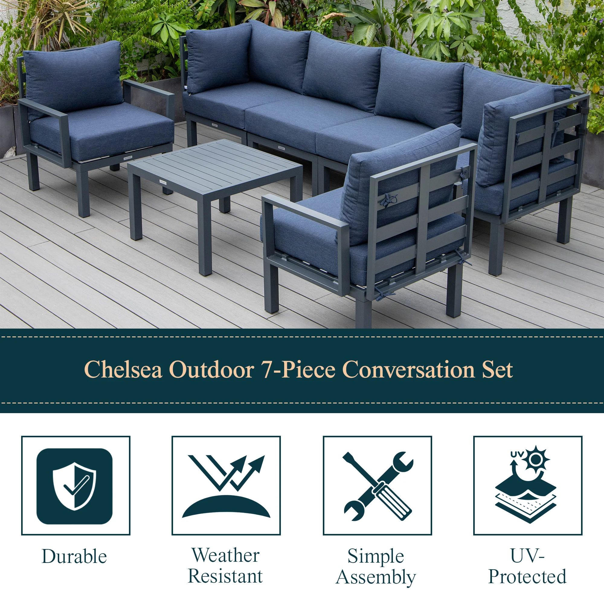 Chelsea 7-Piece Patio Sectional And Coffee Table Set Black Aluminum With Cushions