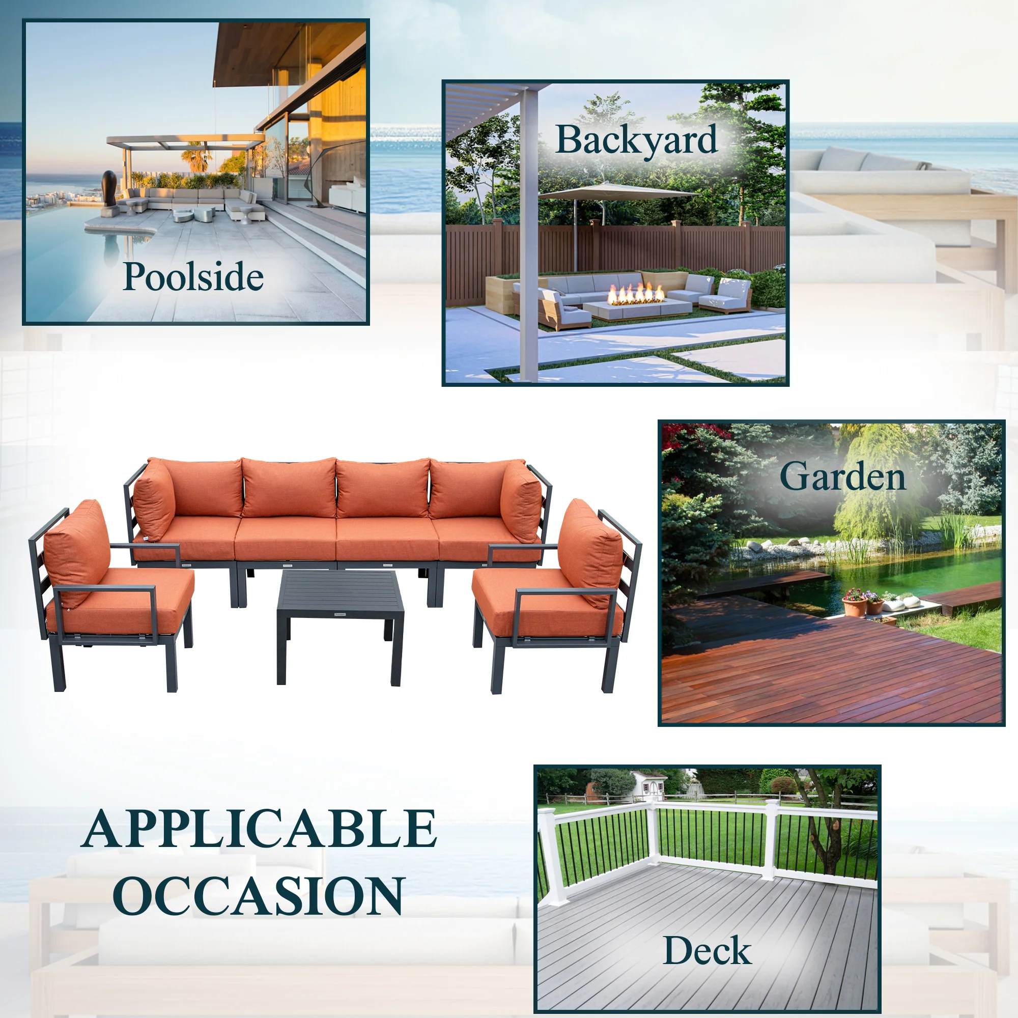 Chelsea 7-Piece Patio Sectional And Coffee Table Set Black Aluminum With Cushions