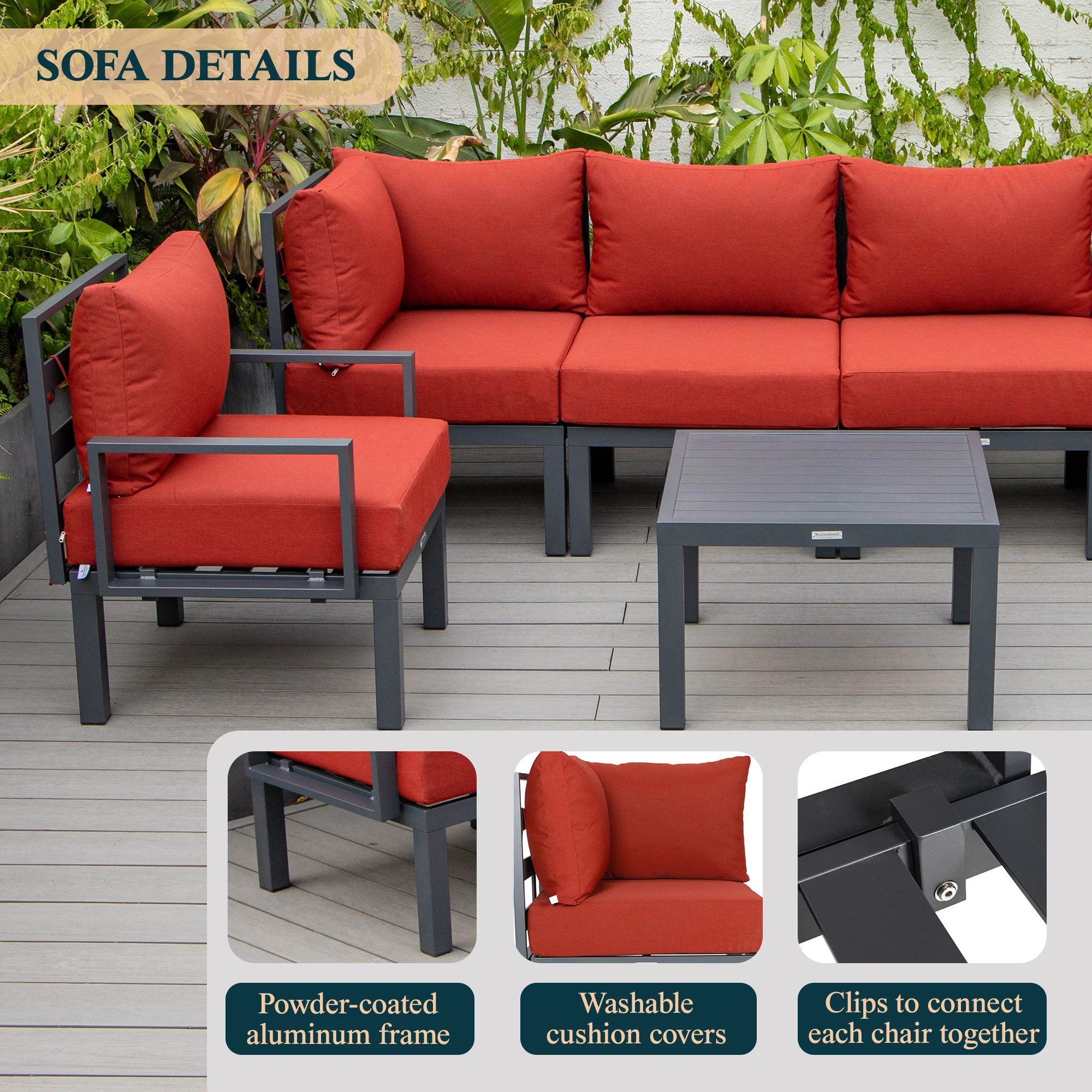 Chelsea 7-Piece Patio Sectional And Coffee Table Set Black Aluminum With Cushions