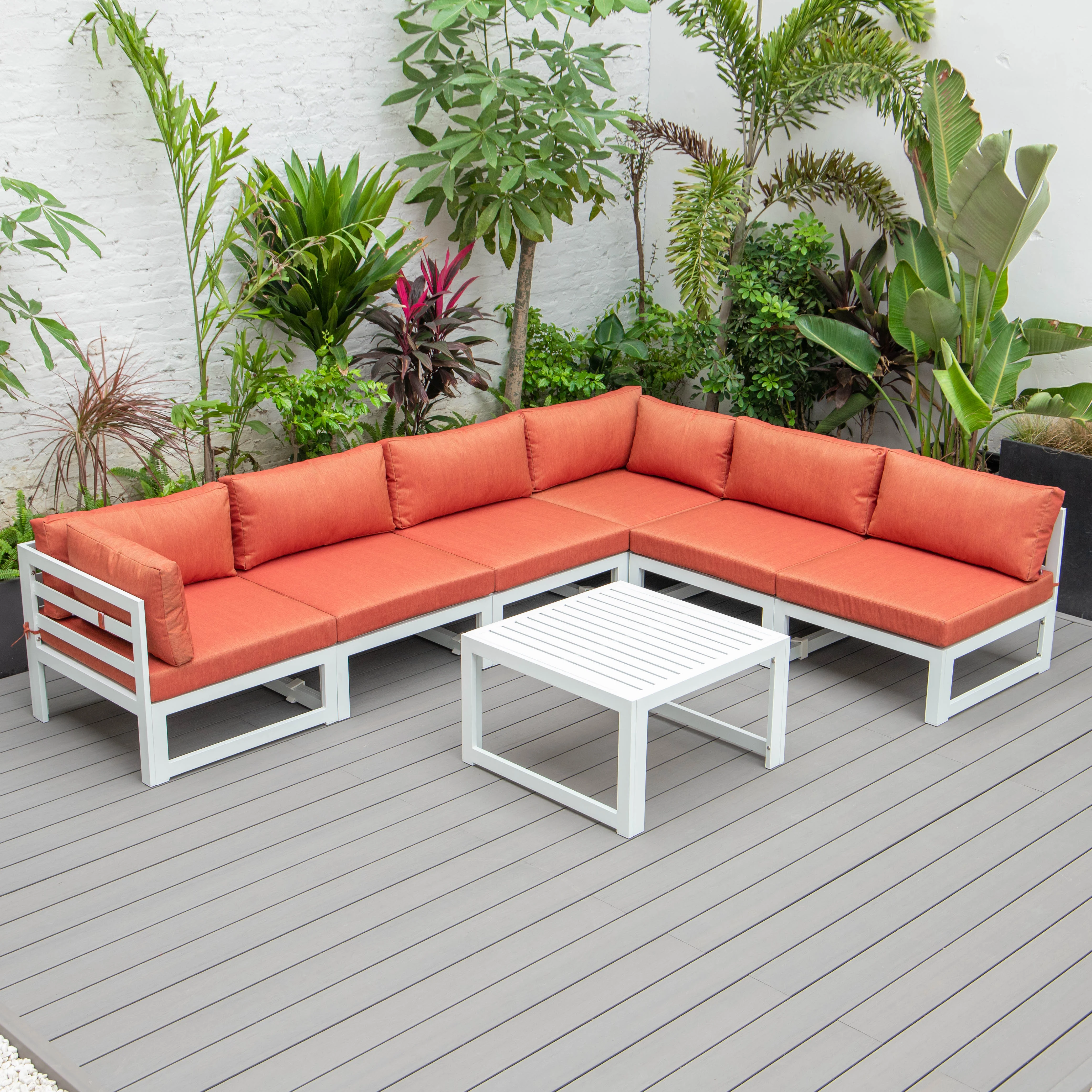 Chelsea 7-Piece Patio Sectional And Coffee Table Set White Aluminum With Cushions