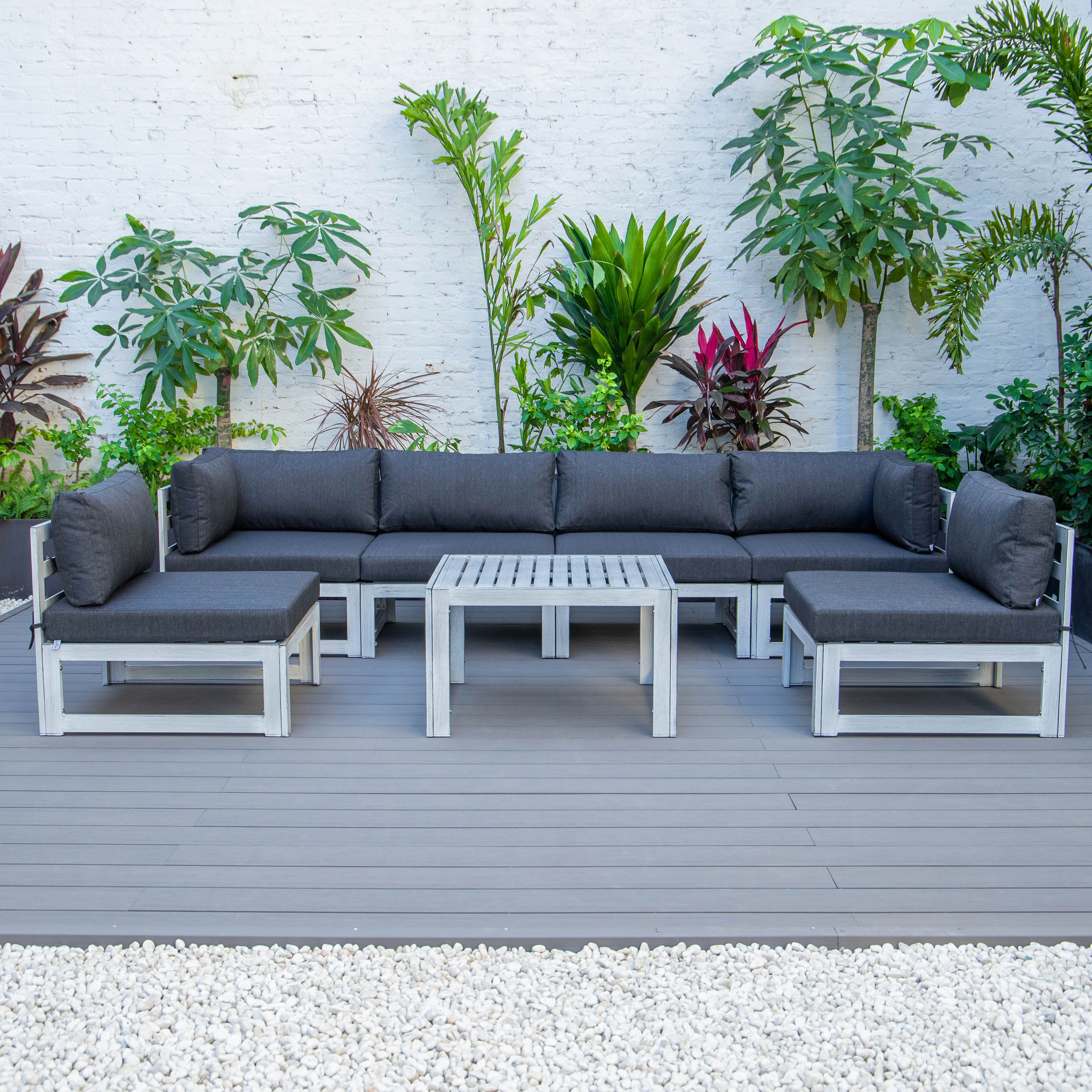 Chelsea 7-Piece Patio Sectional And Coffee Table Set Weathered Grey Aluminum With Cushions