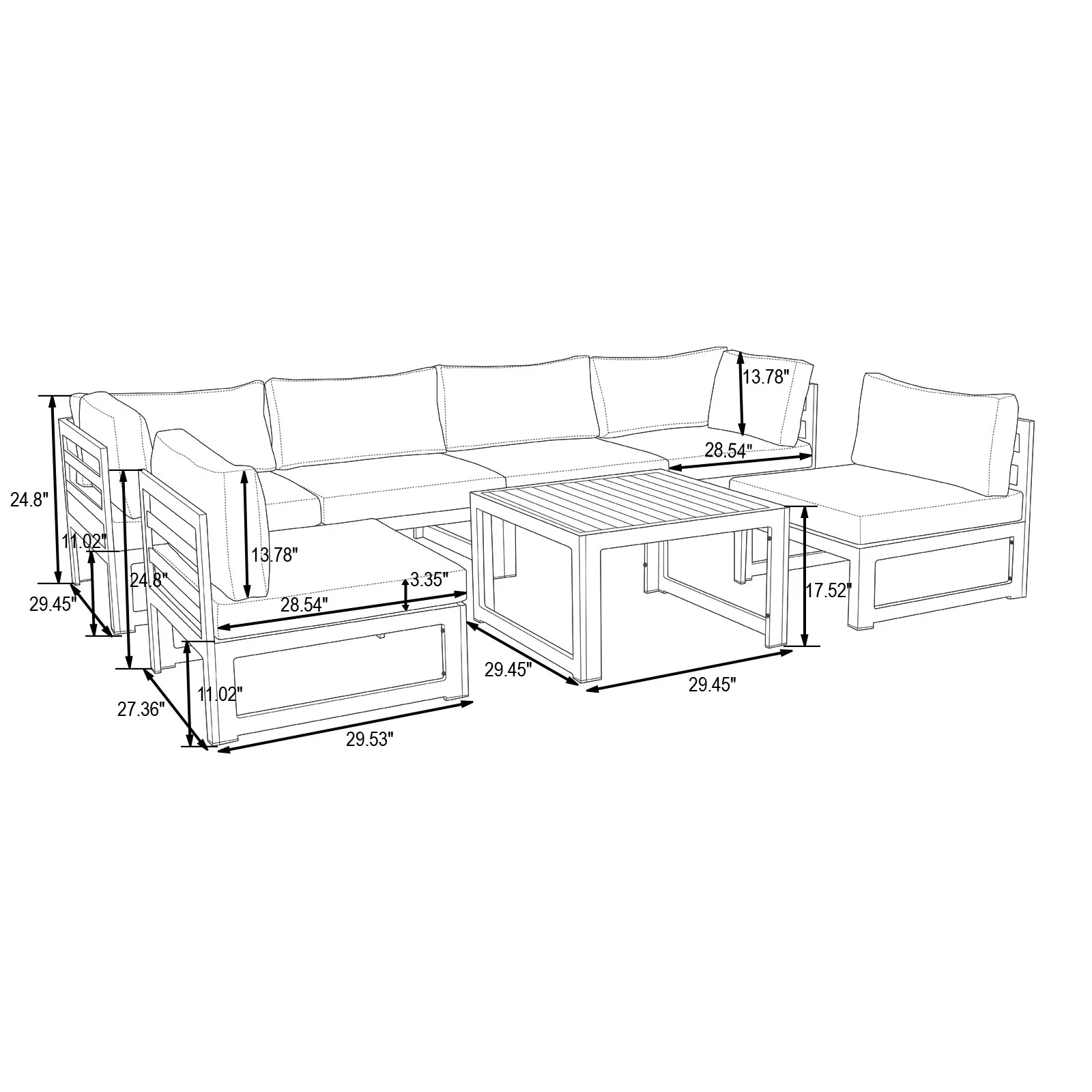 Chelsea 7-Piece Patio Sectional And Coffee Table Set Weathered Grey Aluminum With Cushions