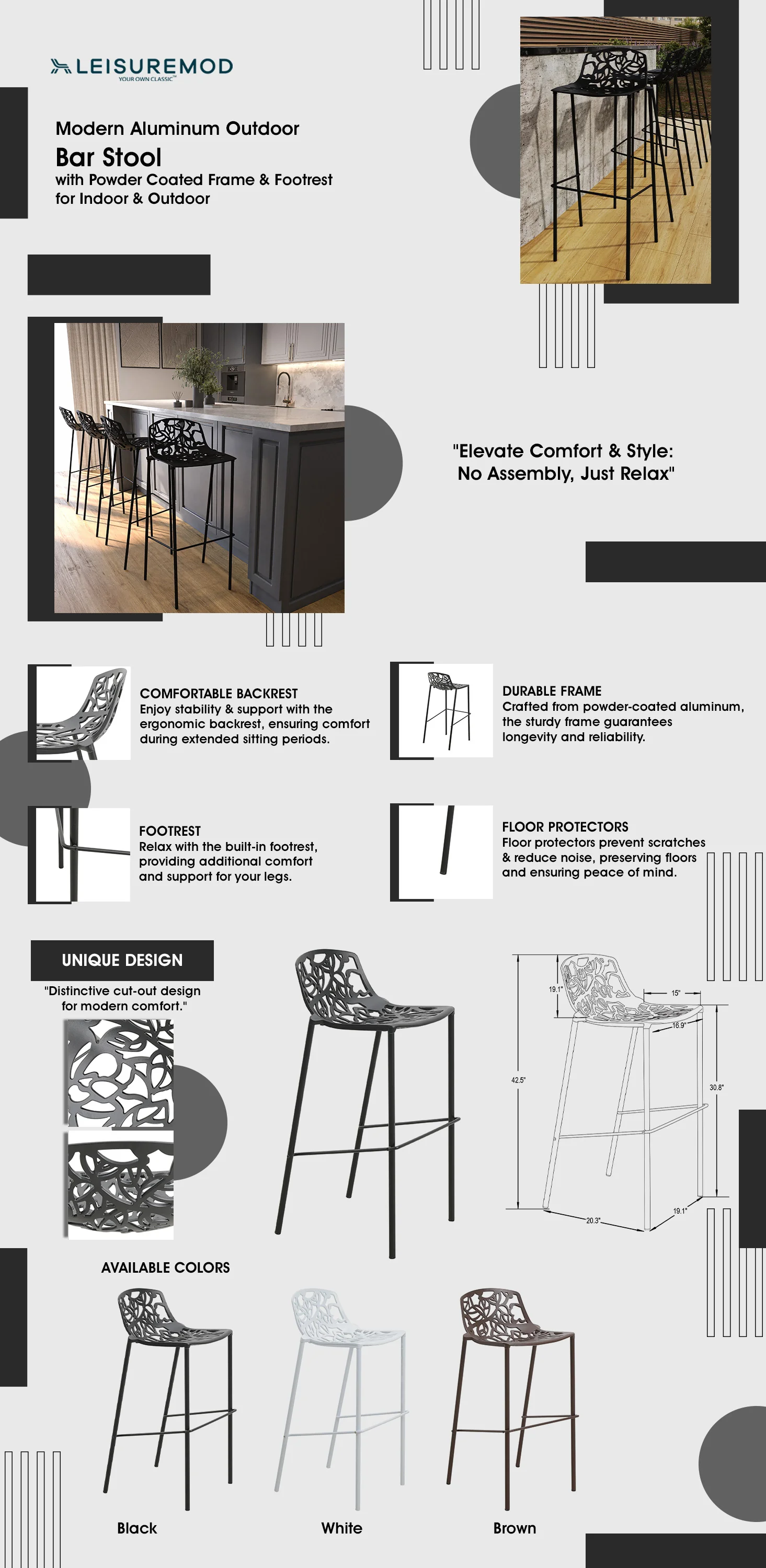 Devon Mid-Century Modern Aluminum Bar Stool with Powder Coated Frame and Footrest